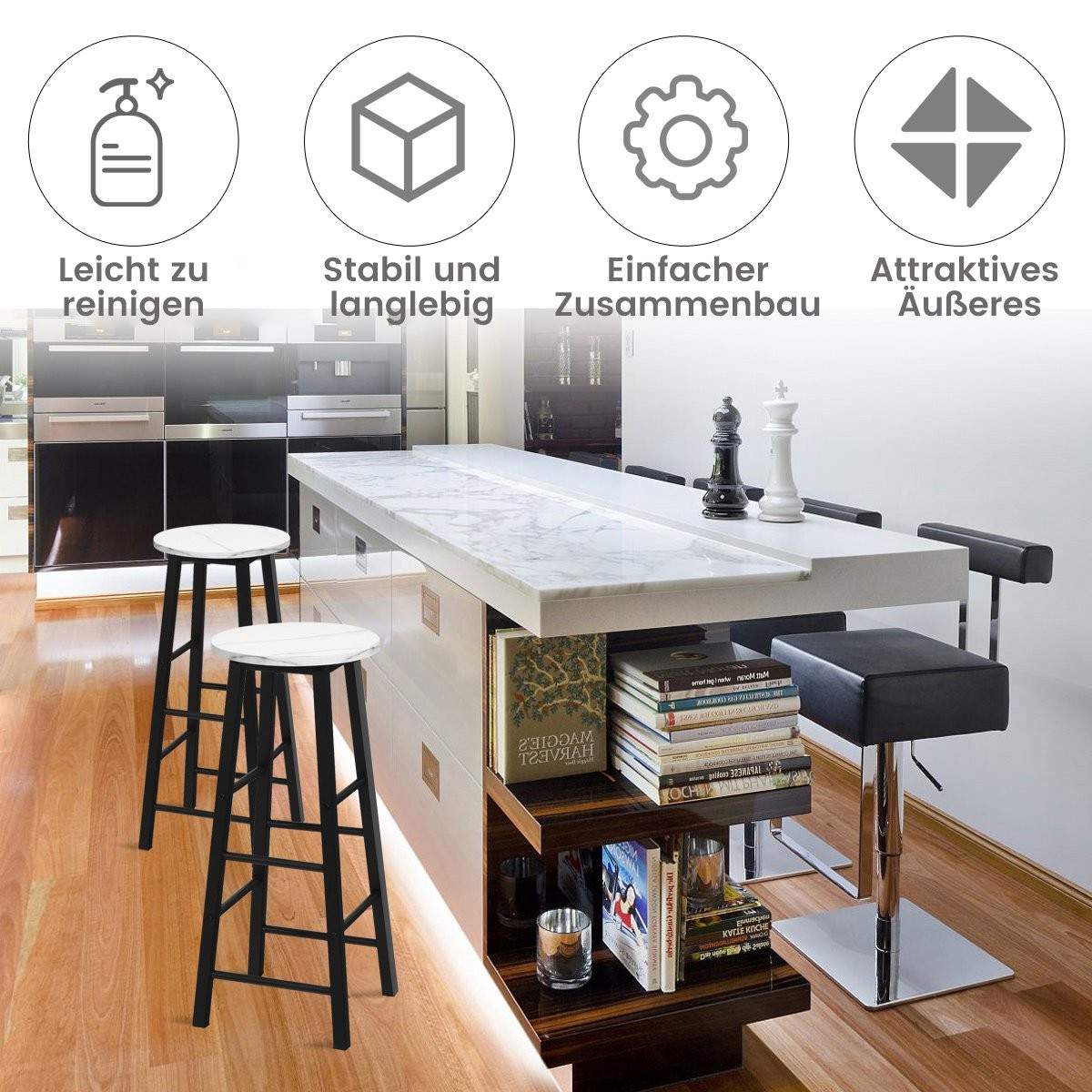 Sæt med 2 barstole med marmorlook & fodstøtte & 71 cm sædehøjde barstole bordskamler hvid