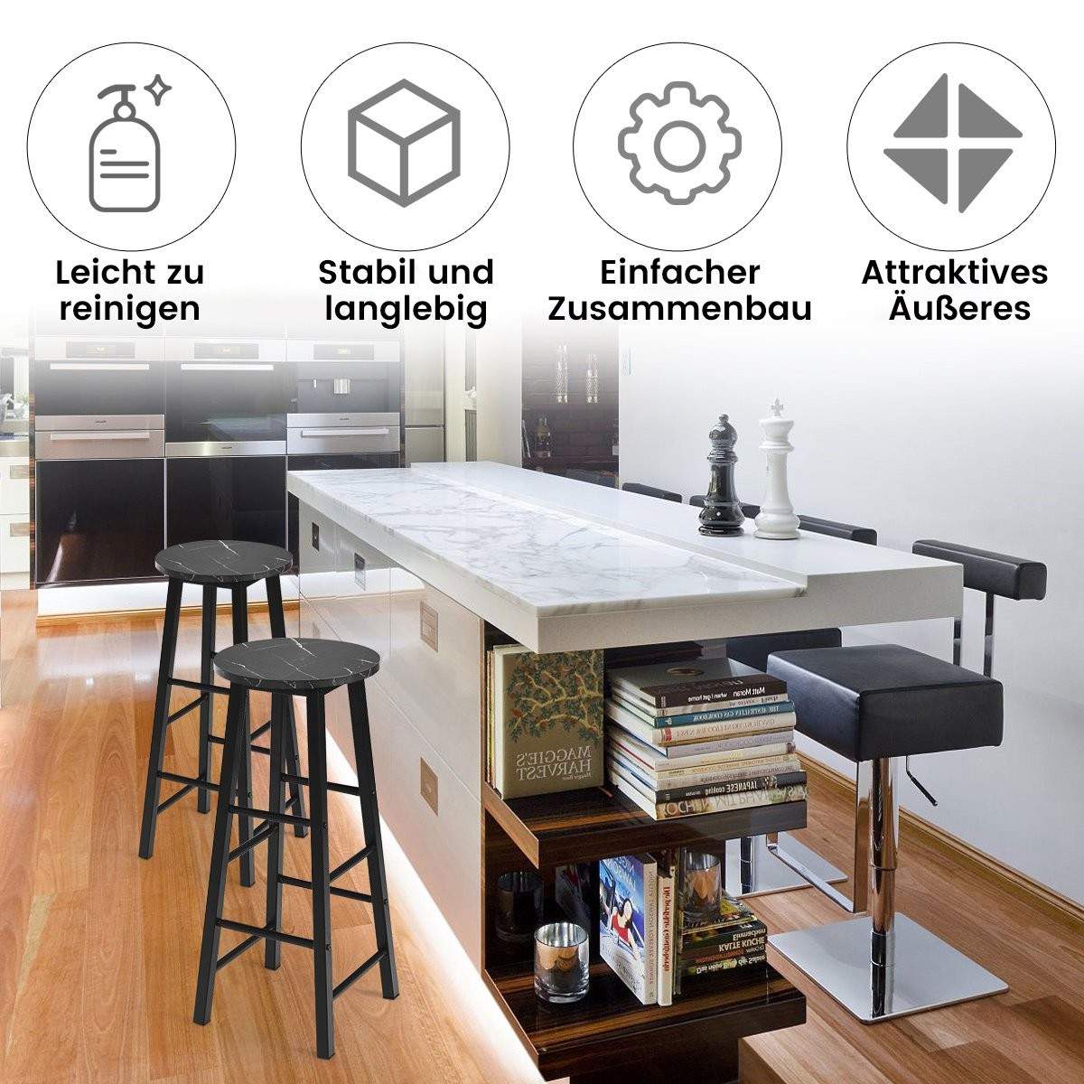 Sæt med 2 barstole med marmorlook & fodstøtte & 71 cm sædehøjde barstole bordstole sort