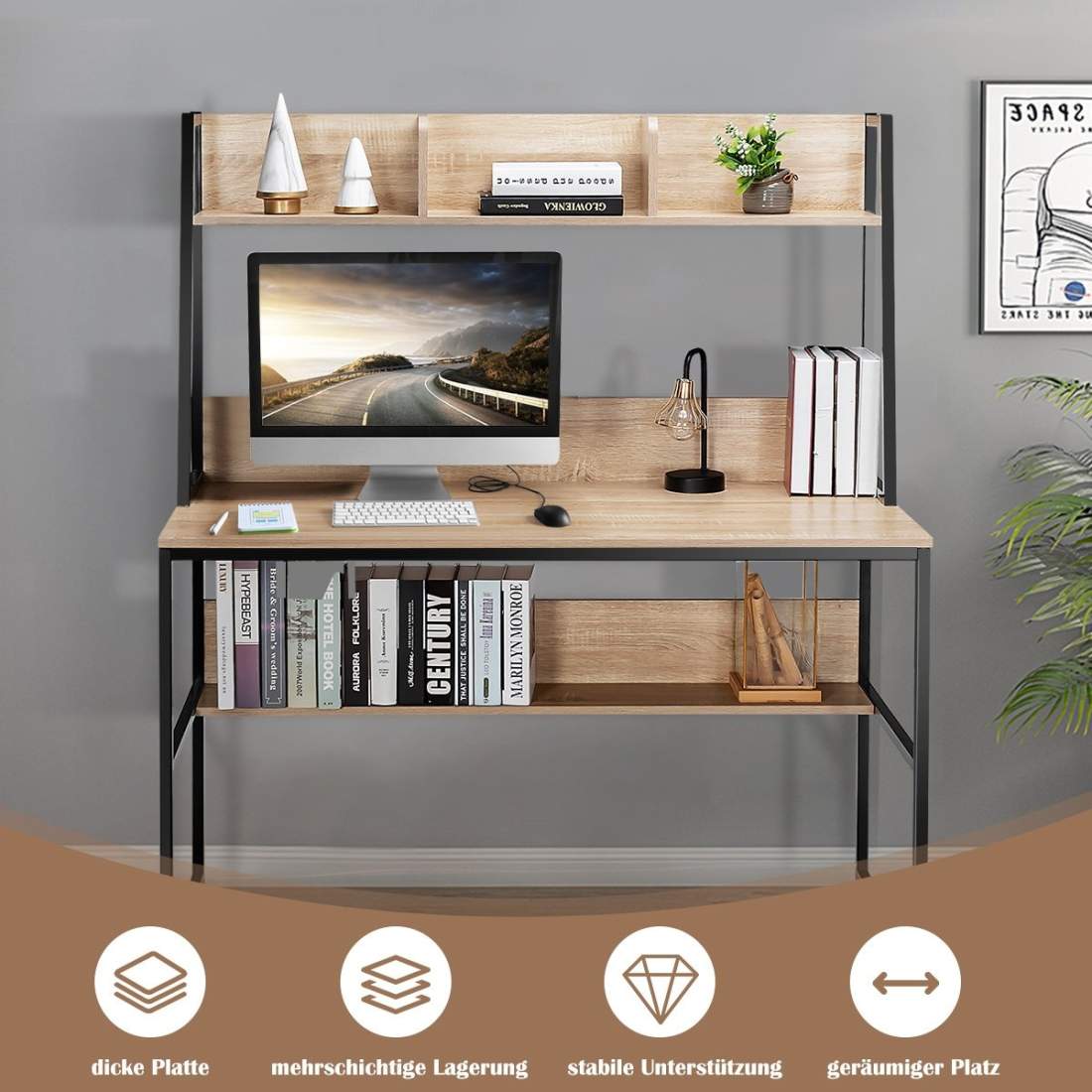 Datorbord med hylla & bokhylla & justerbara fotkuddar skrivbordsarbetsbord naturligt | Hem & Hobby - Resa & Semester - Organisering | Pryloteket