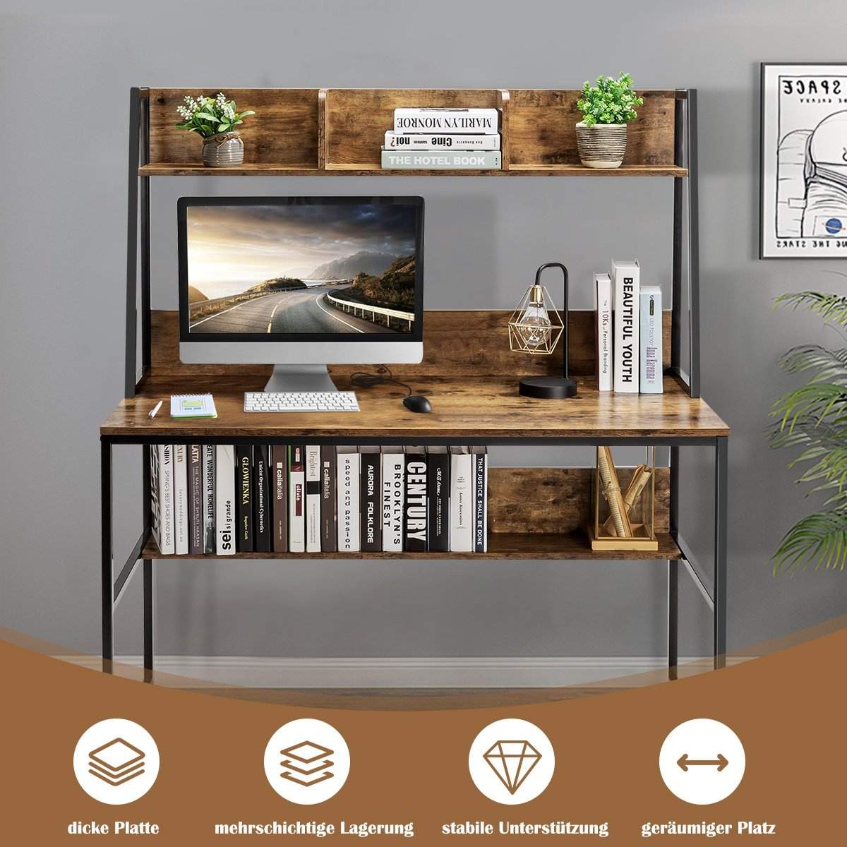 Computer skrivebord med hylde & bogreol & justerbare fodpuder Skrivebord Arbejdsbord kaffe