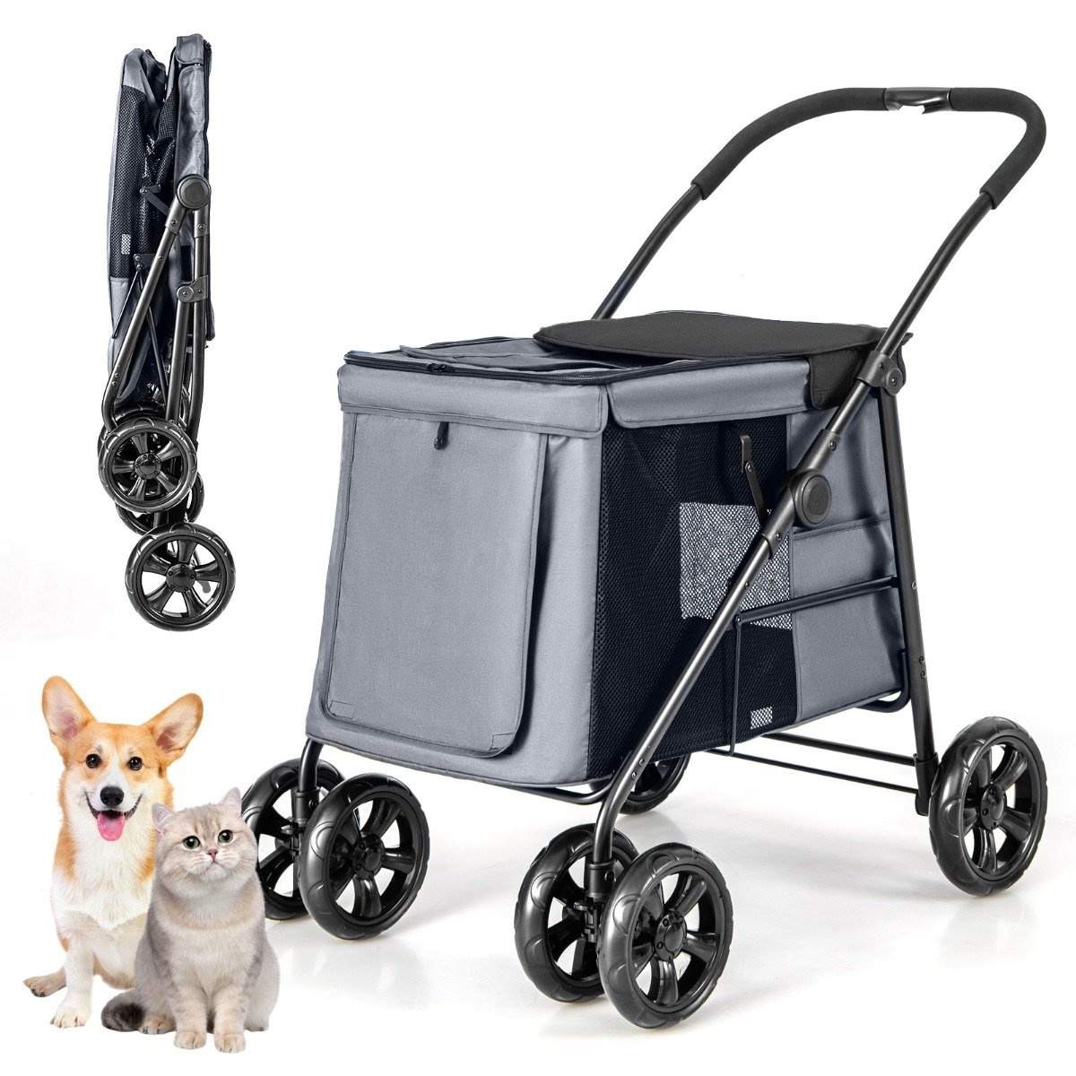 Hundeklapvogn hundevogn foldbar op til 40 kg hundevogn med pude 106 x 63 x 103 cm grå