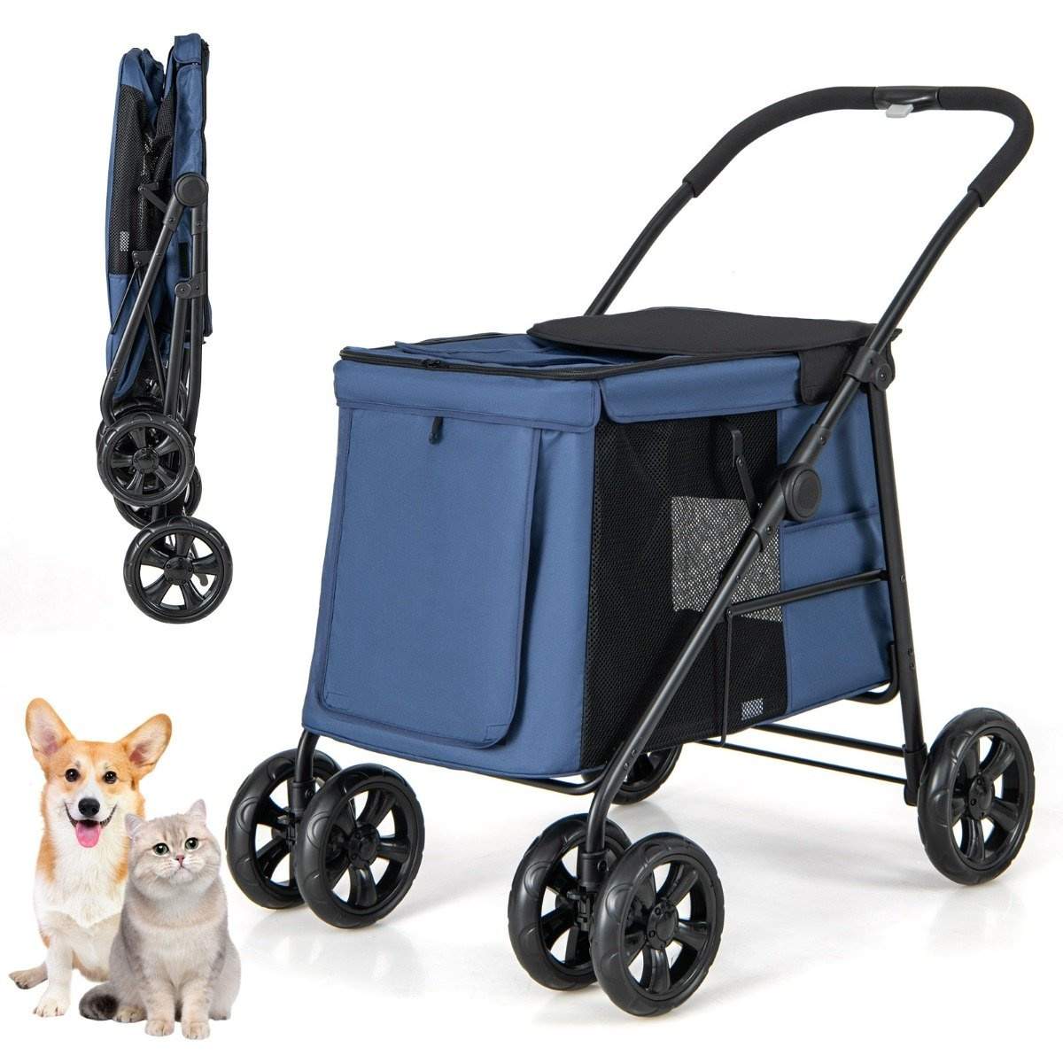 Hundeklapvogn hundevogn foldbar op til 40 kg hundevogn med pude 106 x 63 x 103 cm blå