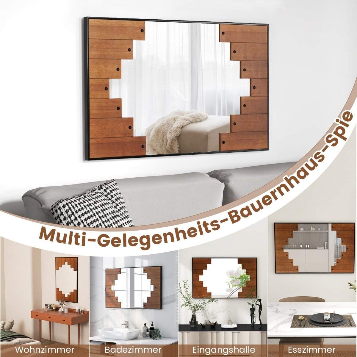 Rektangulært spejl med træramme 60 x 95 cm rustikt vægspejl med to-vejs kroge
