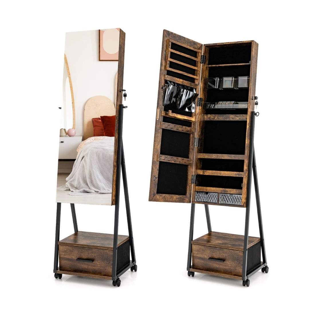 Smyckesskåp med spegel & låda Smyckesspegelskåp på hjul brun | Hälsa & Skönhet - Smink & Tillbehör - Sminkförvaring | Pryloteket