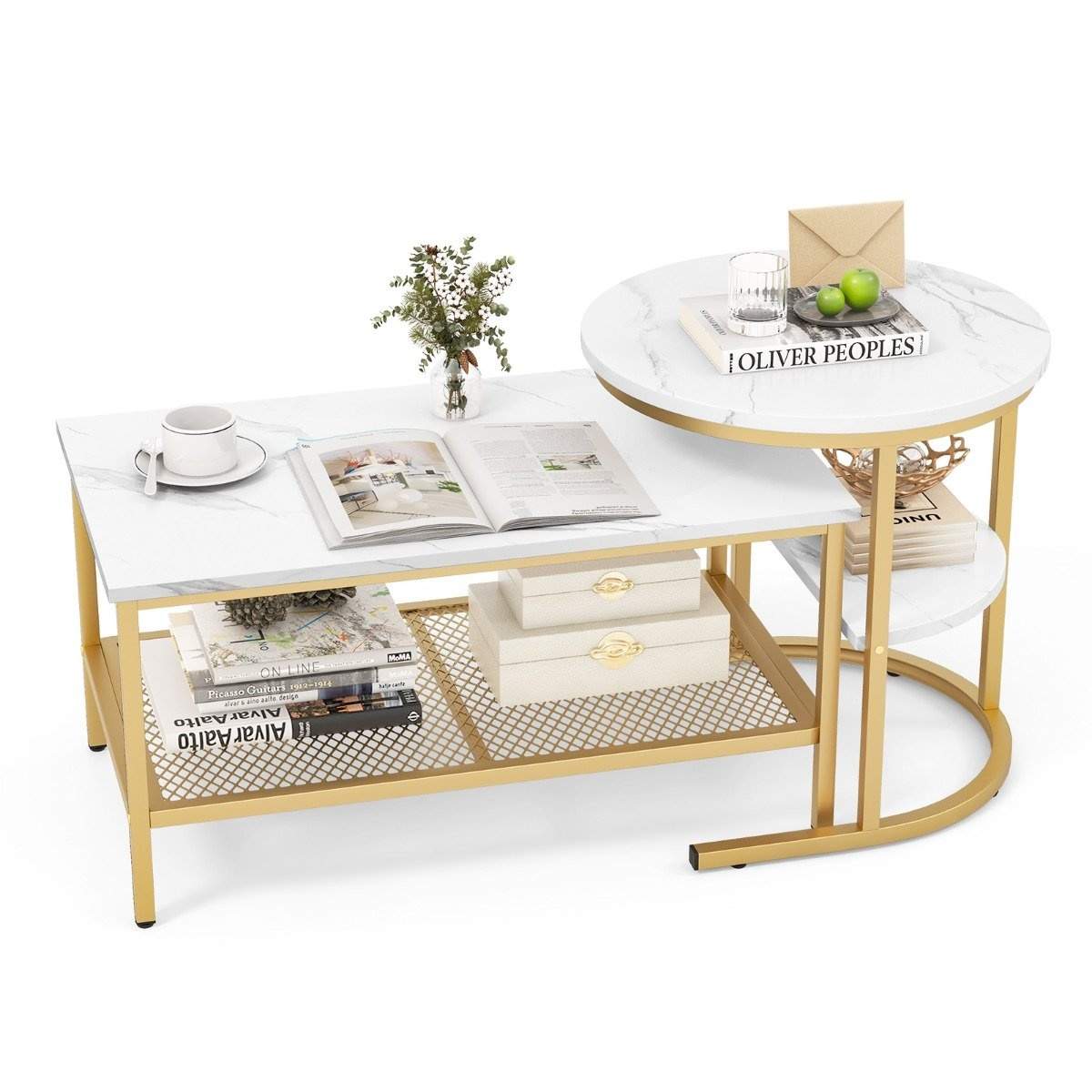 Set med 2 soffbord, sidobord, marmorlook med metallstomme och hylla i guld och vitt | Hem & Hobby - Hem & Hushåll - Sovrum | Pryloteket