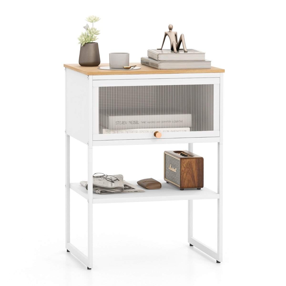 Sängbord sidobord trä Nattduksbord med metallram & hylla & transparent dörr 40 x 32 x 56 cm vit | Elektronik - Tillbehör Mobil & Surfplatta - Mobiltillbehör - Mobilkablar - Tillbehör | Pryloteket