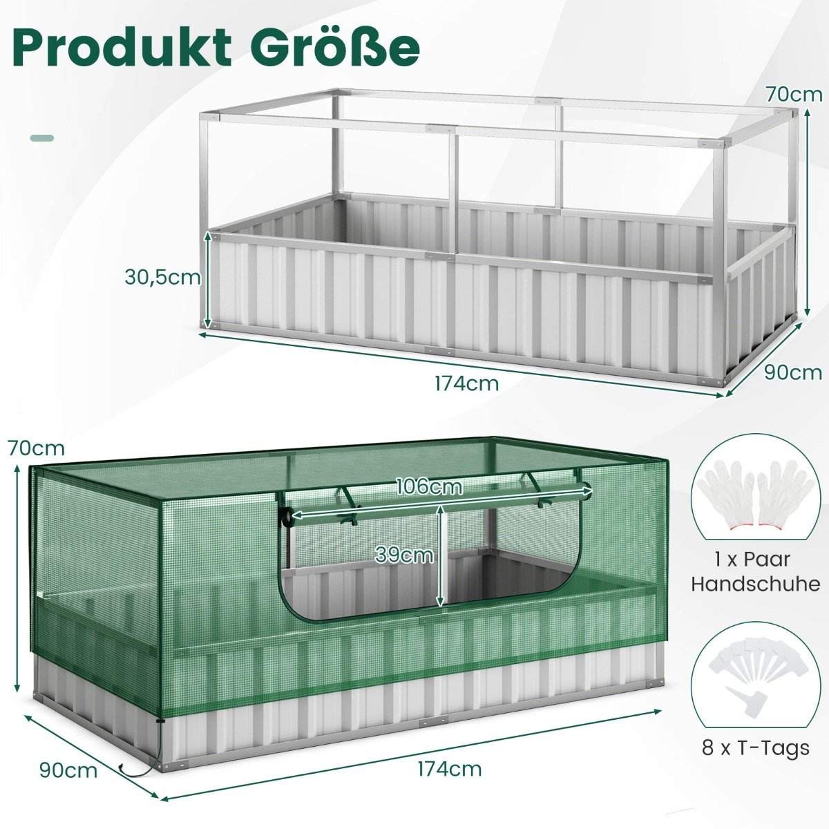 174 x 90 x 70 cm galvaniseret højbed med drivhusbetræk grøn og sølv