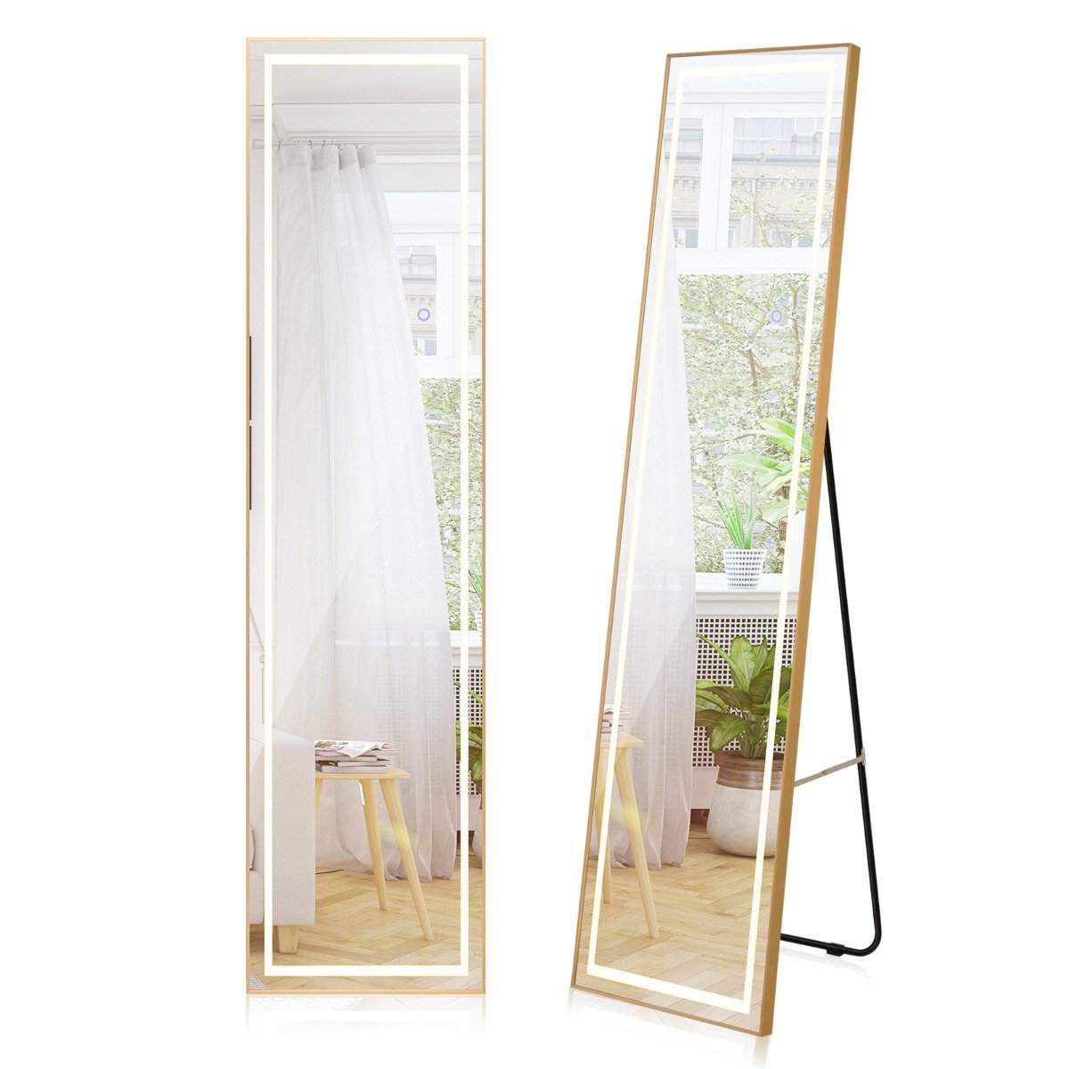 155 cm täyspitkä peili kultaisella alumiinirungolla ja räjähdyssuojatulla kalvolla suorakulmainen seisova peili