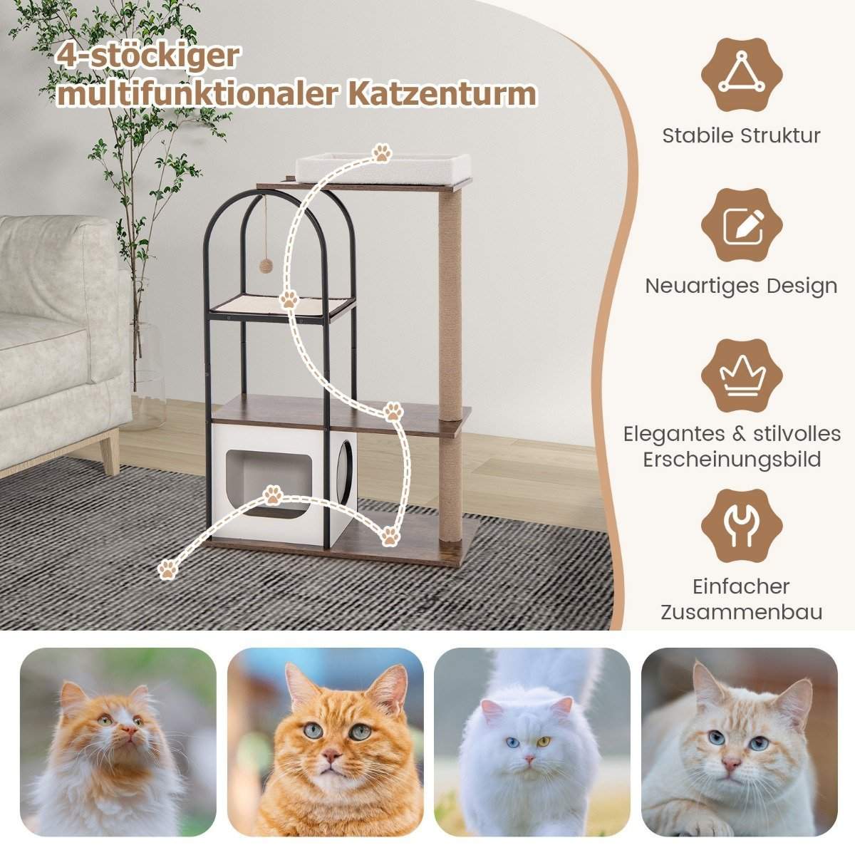 Kradsestolpe med kattehule 118 cm kattetræ med aftagelig katteseng & bold & kradsemåtte