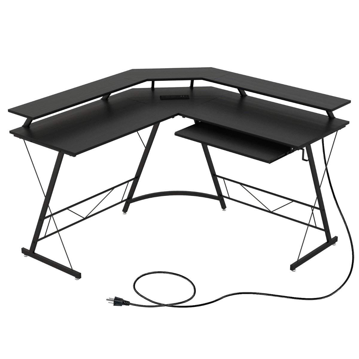 Hjørneskrivebord med stik & USB-opladningsport & monitorstand sort