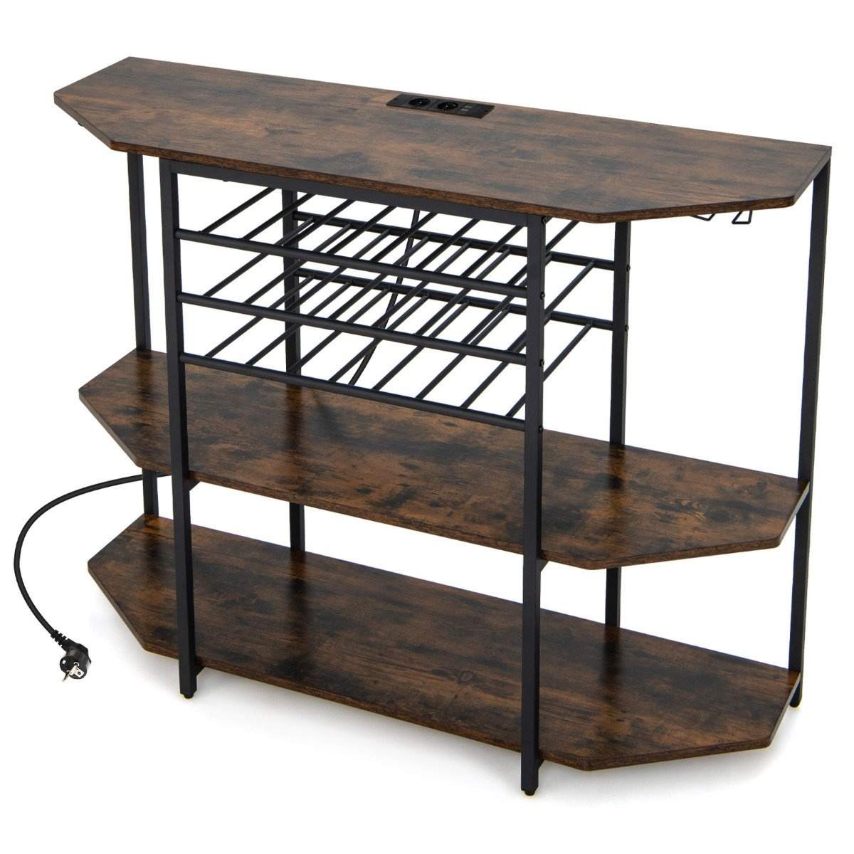 3-kerroksinen teollinen viiniteline, pistorasioita ja pullotelineitä ja lasitelineitä viinibaarikaappi ruskea