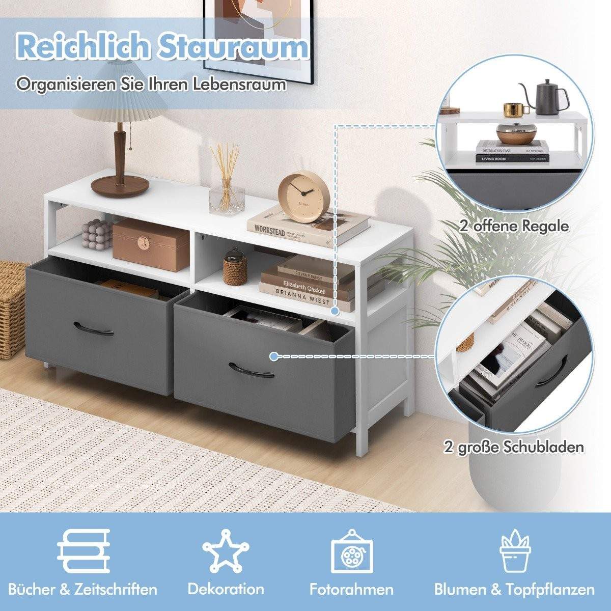 Byrå med 2 lådor förvaringsskåp med öppna hyllor 100 x 30 x 53 cm | Hem & Hobby - Hem & Hushåll - Sovrum | Pryloteket