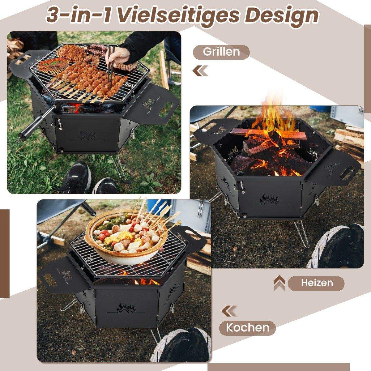 stor kulgrill med 360° roterende grill 2 i 1 ildskål 77 x 74 x 38 cm