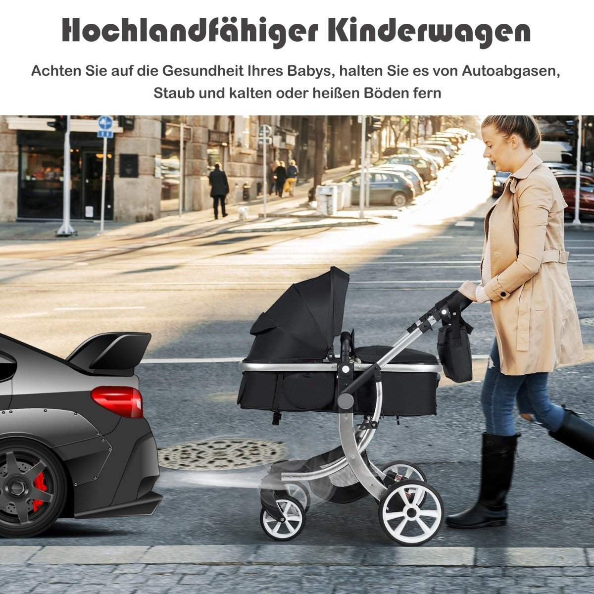 2 i 1 klapvogn sammenklappelig kombinationsvogn med justerbart ryglæn sort