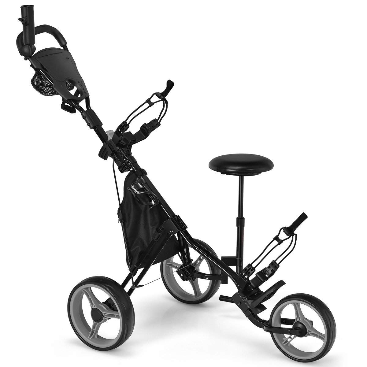 3 hjul golfvogn lavet af aluminium med paraplyholder & sæde folde golfvogn golf caddy grå