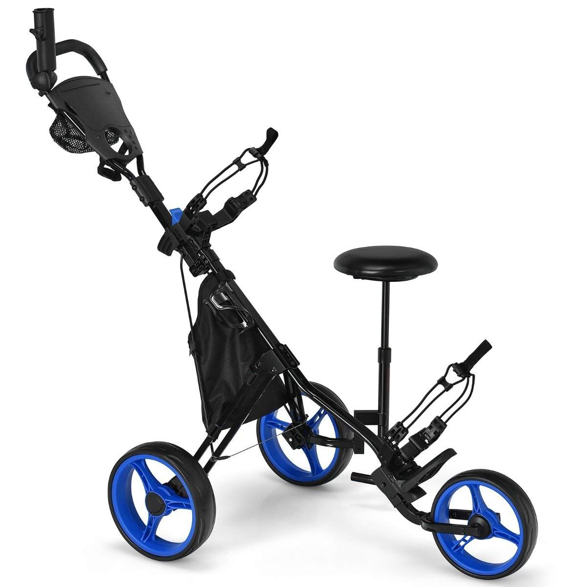 3 hjul golfvogn lavet af aluminium med paraplyholder & sæde folde golfvogn golf caddy blå