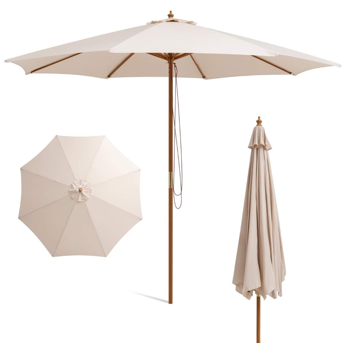 300 cm stor træparasolbordparasol med 8 bambusribber 300 x 300 x 262 cm beige