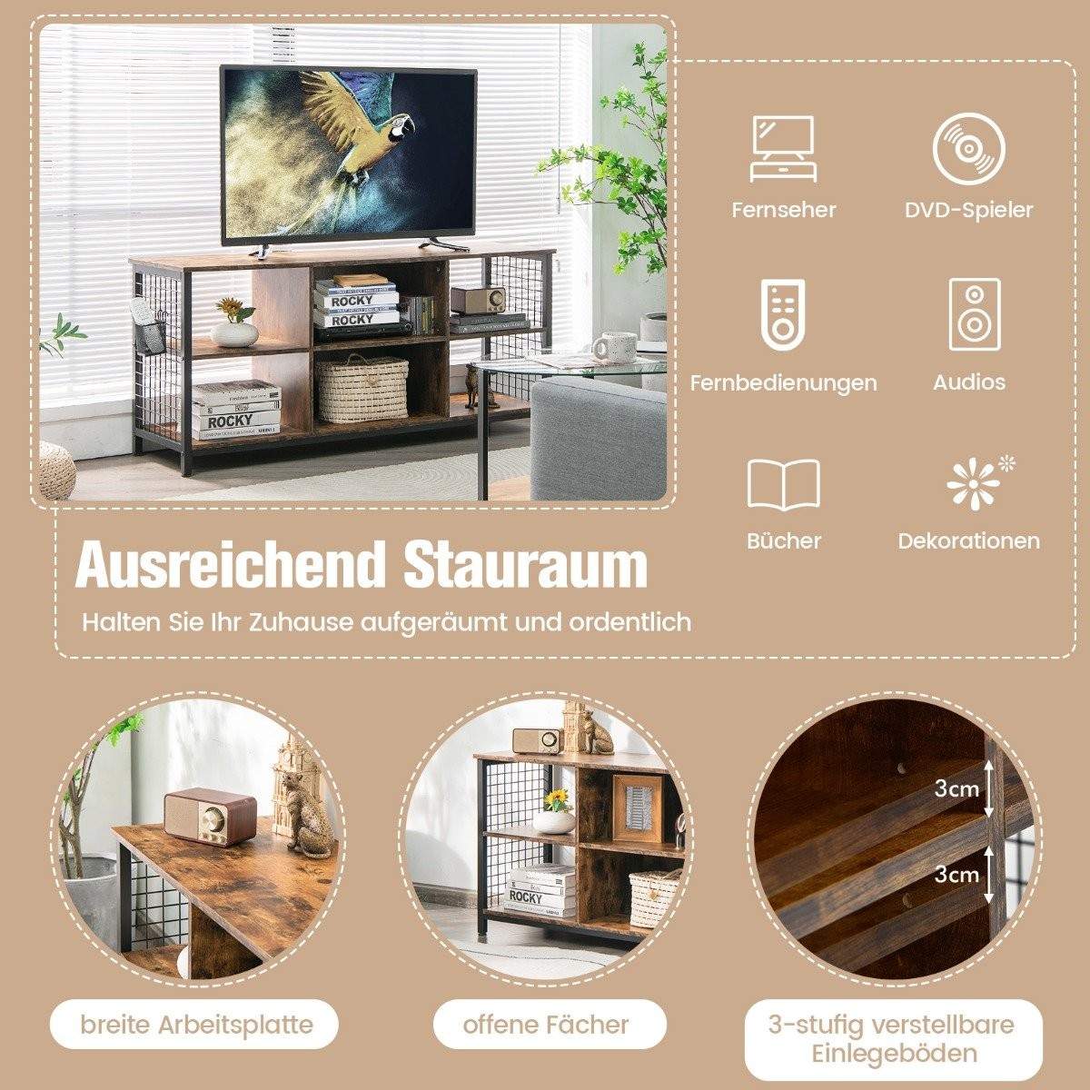 Tv-skab lowboard med åbne rum Tv-hylde til fjernsyn op til 65 tommer 140 x 40 x 62,5 cm Rustik brun