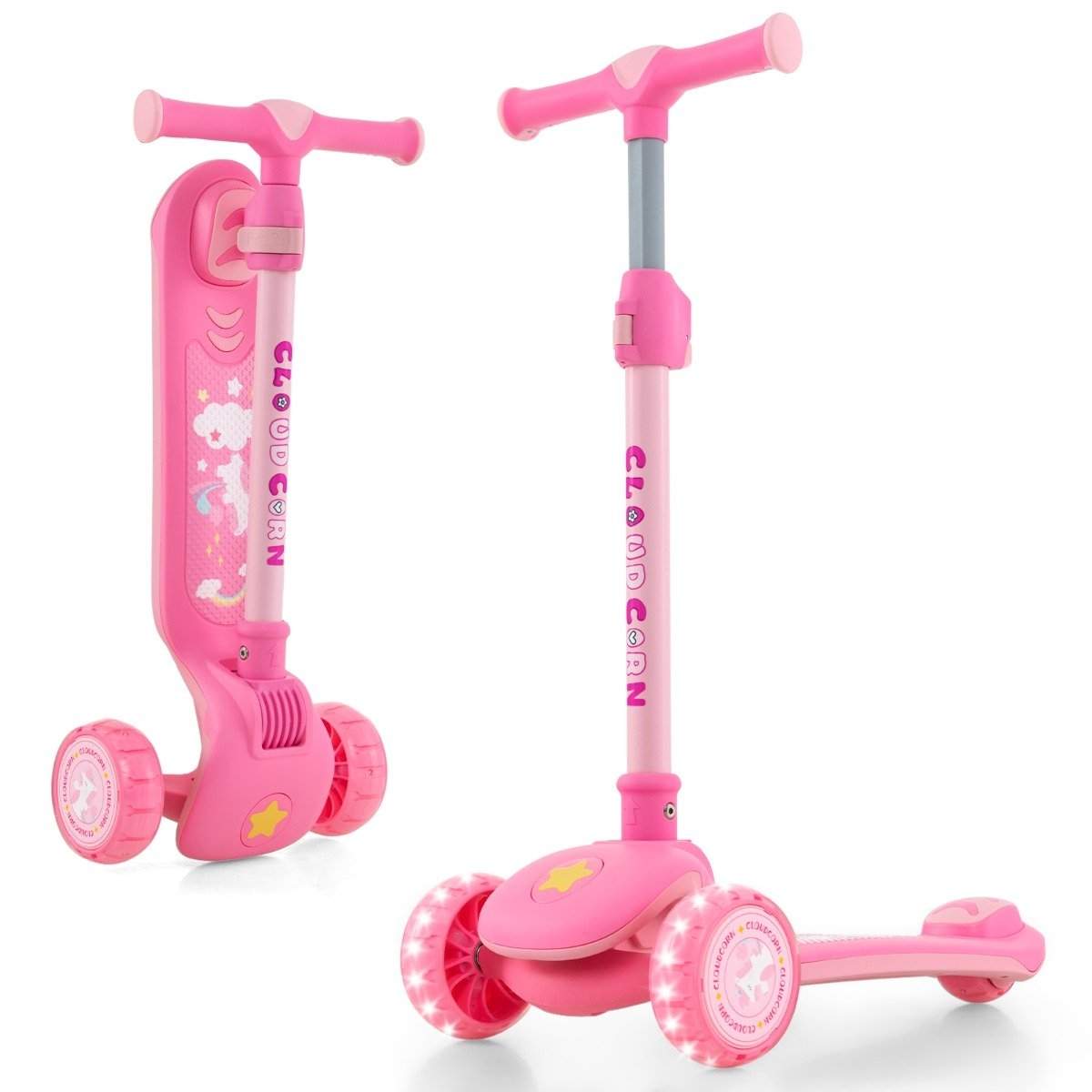 Sammenfoldelig børnescooter med PU LED hjul og bagbremse, højdejusterbar scooter, pink