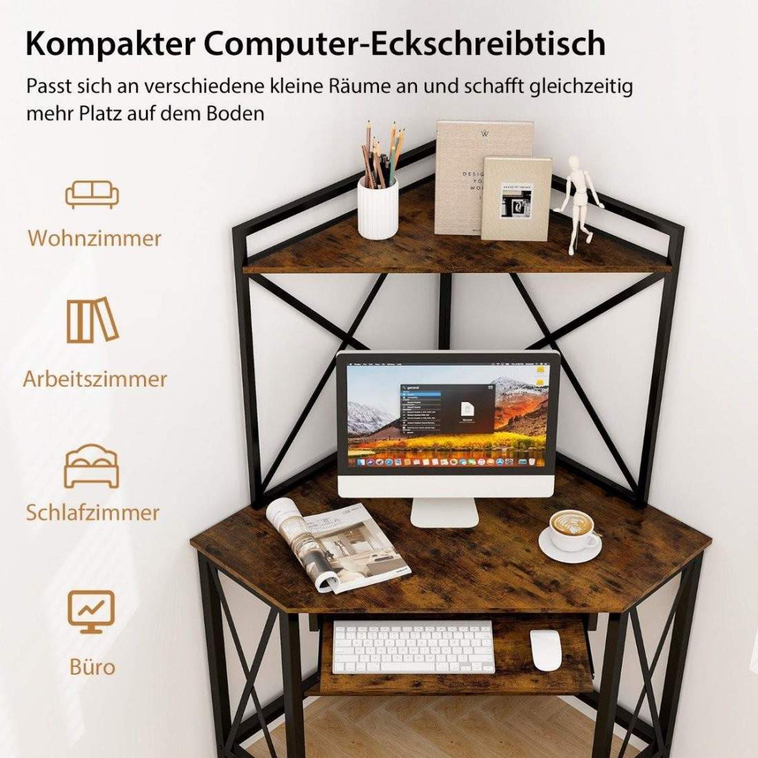 Skrivbord med laddstation hörn datorbord med tangentbordshylla & 2 hyllor 113 x 75 x 145 cm Rustik brun + svart | Elektronik - Datortillbehör - Tangentbord, Möss & Fjärrkontroller - Tangentbord | Pryloteket