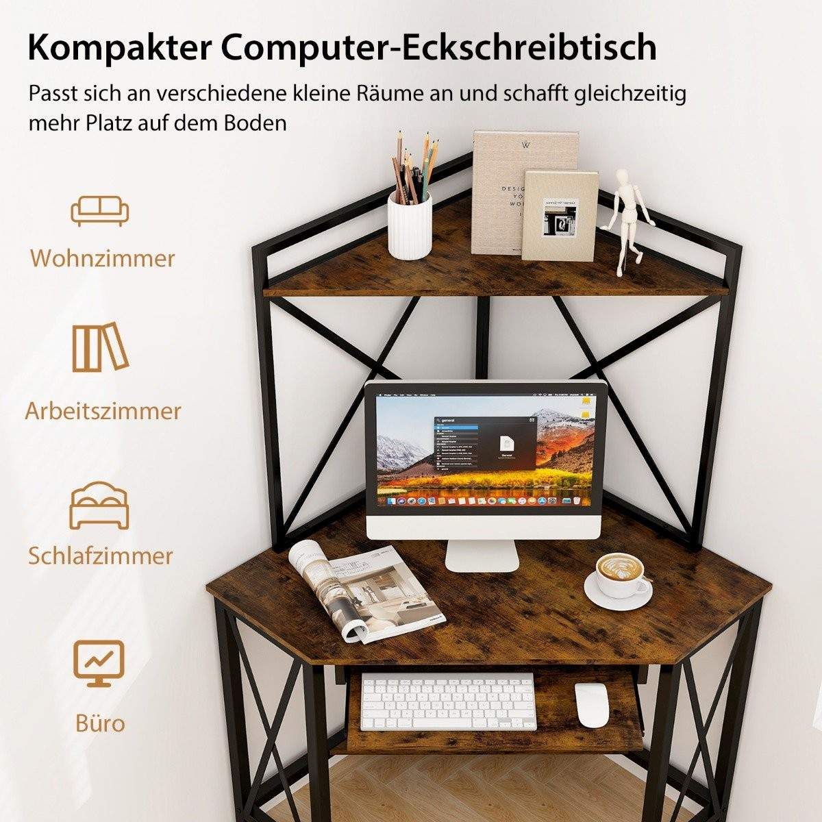 Skrivebord med ladestation hjørne computerbord med tastaturhylde & 2 hylder 113 x 75 x 145 cm Rustik brun + sort