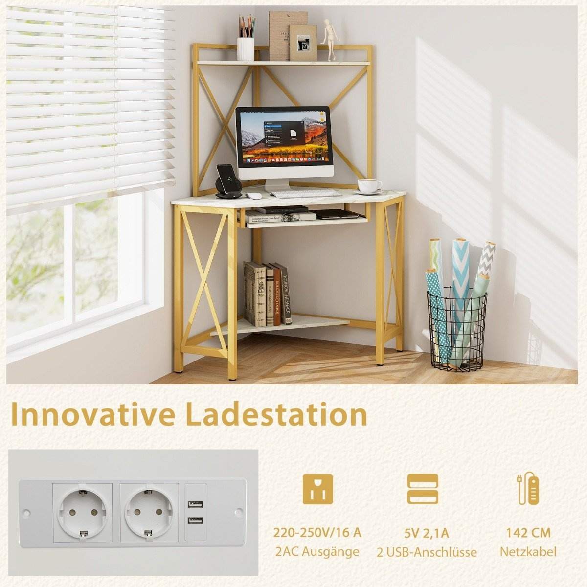 Skrivebord med ladestation hjørne computerbord med tastaturhylde & 2 hylder 113 x 75 x 145 cm hvid + guld