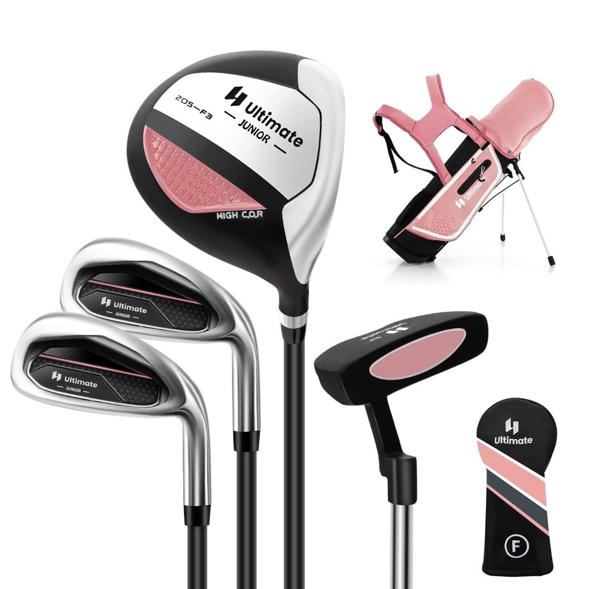 4-delt børnegolfkøllesæt med golftaske og regnslag til børn i alderen 5-7 år, pink