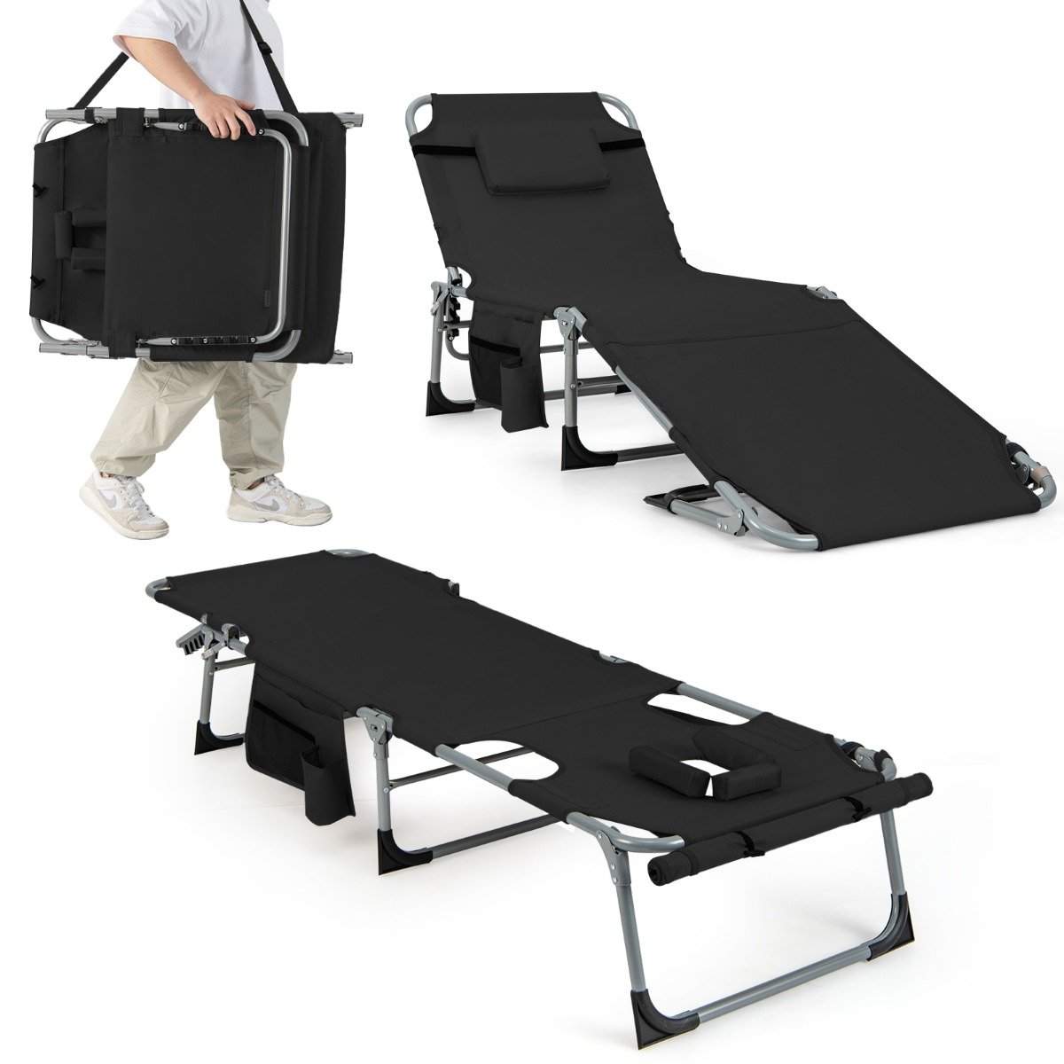 Solseng med ansigtsåbning Sammenklappelig haveseng med justerbart ryglæn og fodstøtte Sort
