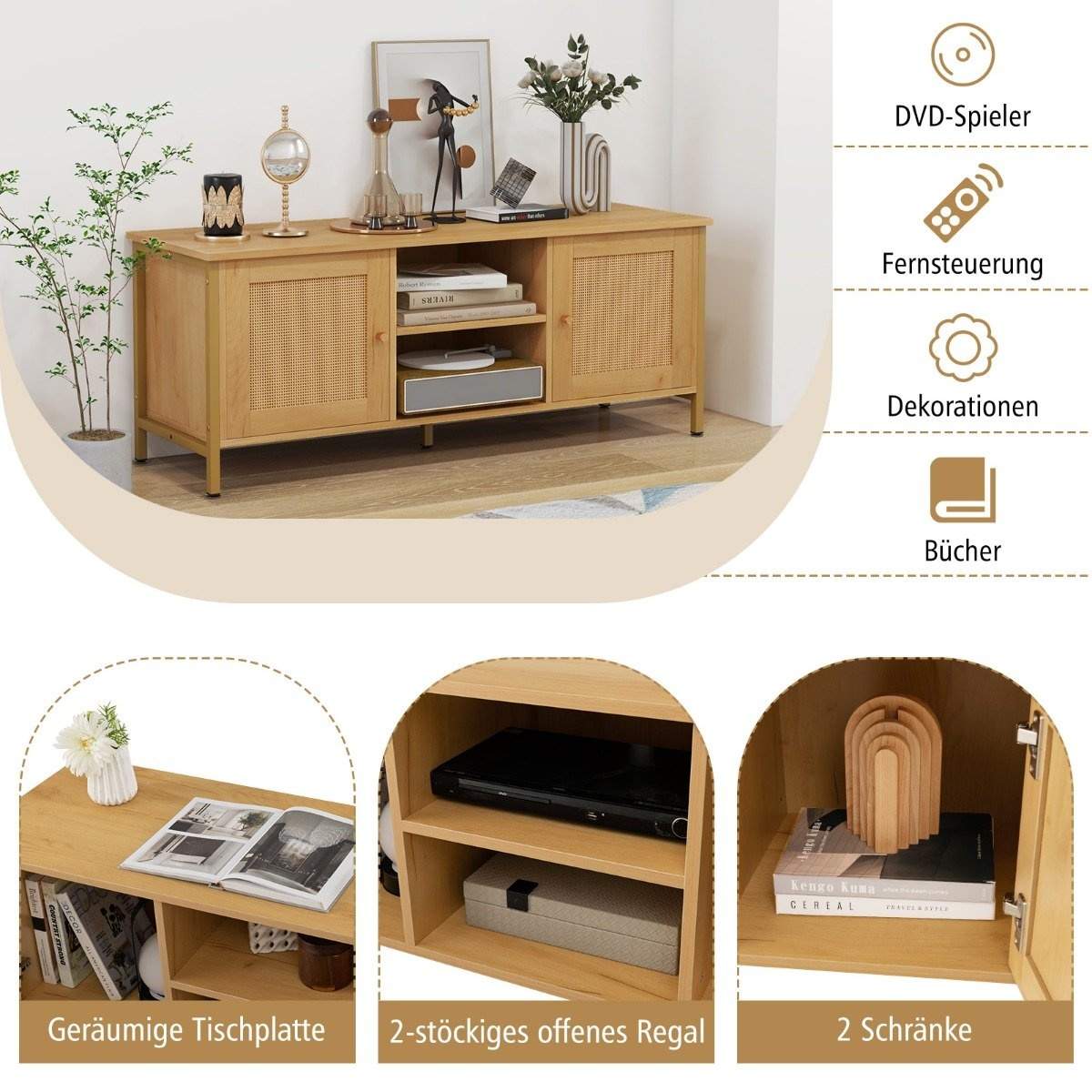 Tv-skab rattan lowboard med 2 døre og åbne hylder Tv-stativ til fjernsyn op til 55 tommer 120 x 40 x 48 cm