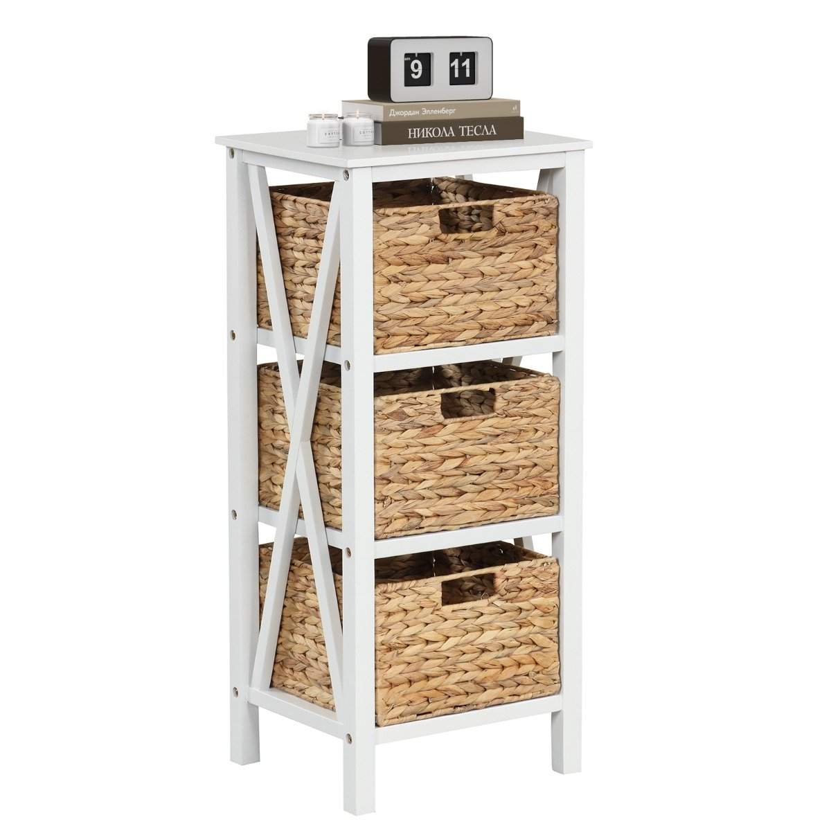 4-vånings sängbord med 3 sjögräskorgar & X-Design smalt sidobord 36 x 30 x 80 cm vit | Elektronik - Tillbehör Mobil & Surfplatta - Mobiltillbehör - Mobilkablar - Tillbehör | Pryloteket