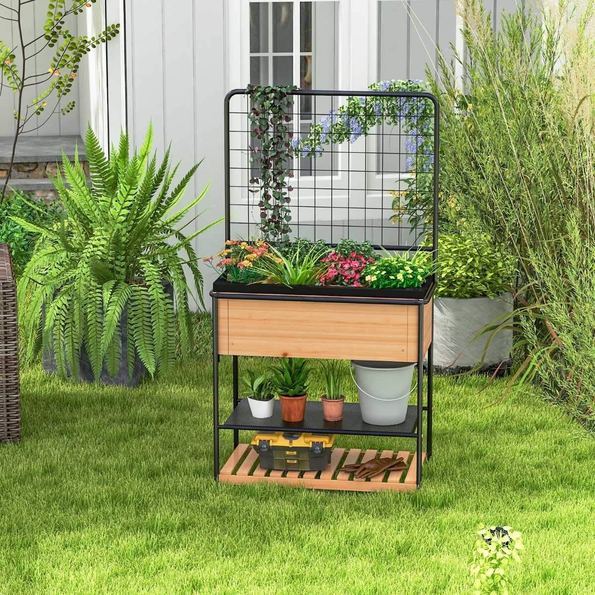 Blomsterkasse med espalier & 2 etagers hylder & aftagelig skillevæg 80 x 38 x 150 cm