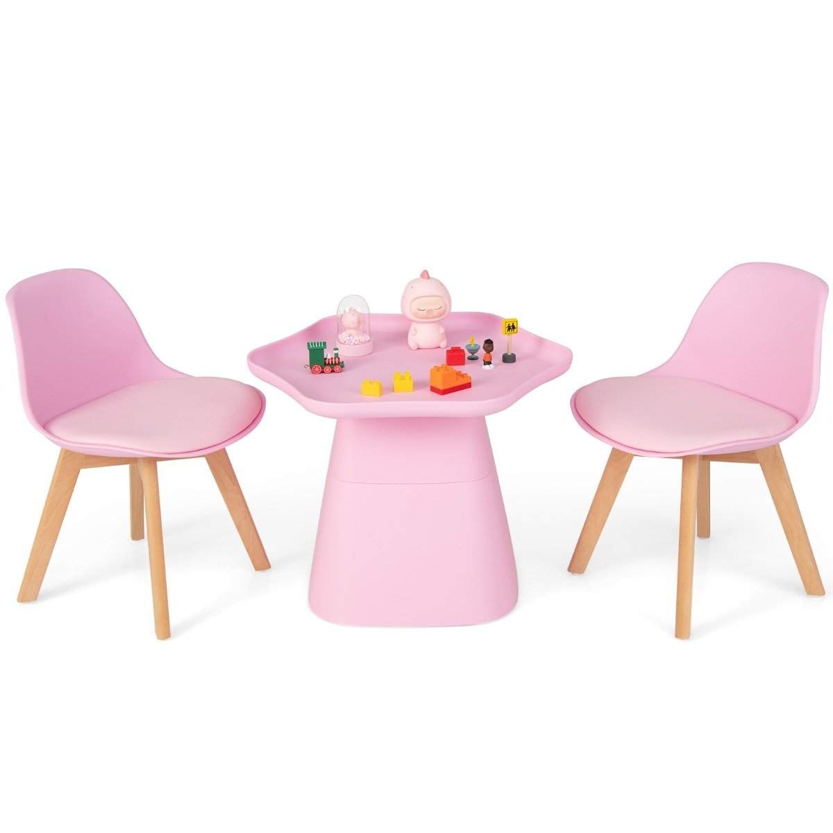 Børnebord med 2 stole 3 stk. Børnesiddegruppe lavet af bøgetræ børnesædesæt pink