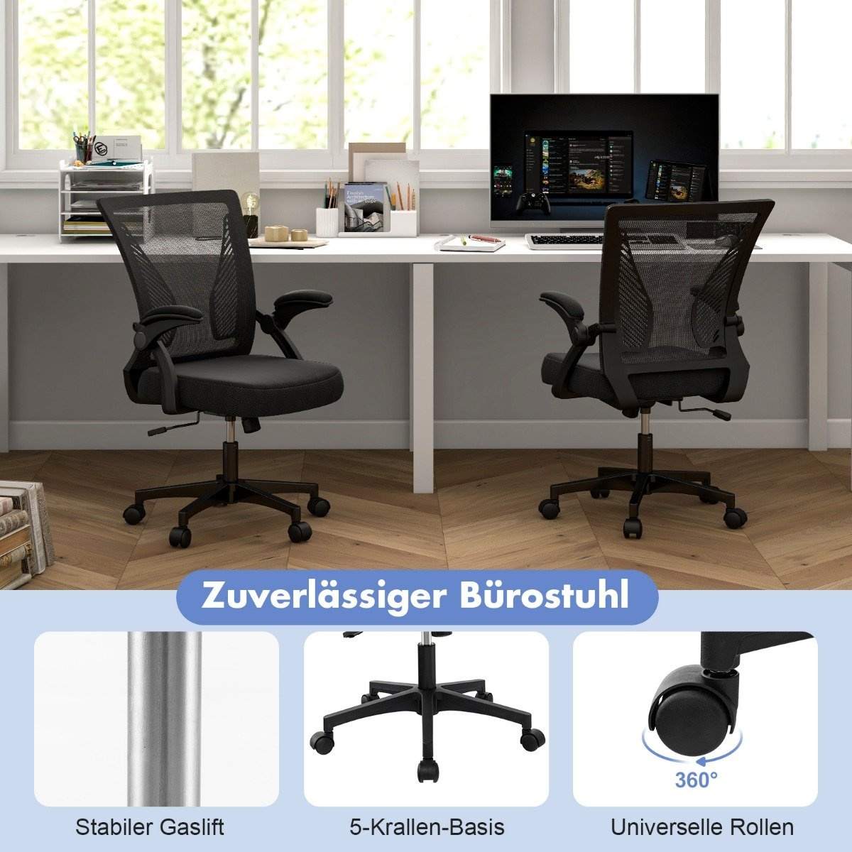 Ergonomisk kontorstol med foldbare armlæn Medium Back Skrivebordsstol 57 x 63 x 90-100cm Sort