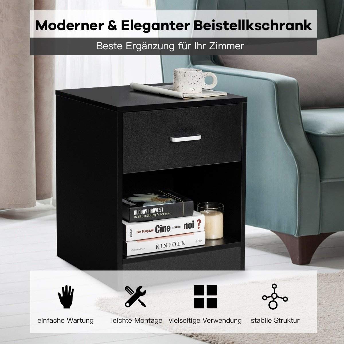 Sengebord 45 x 42,5 x 55 cm sidebord med skuffe og åbent rum sofabord moderne sort