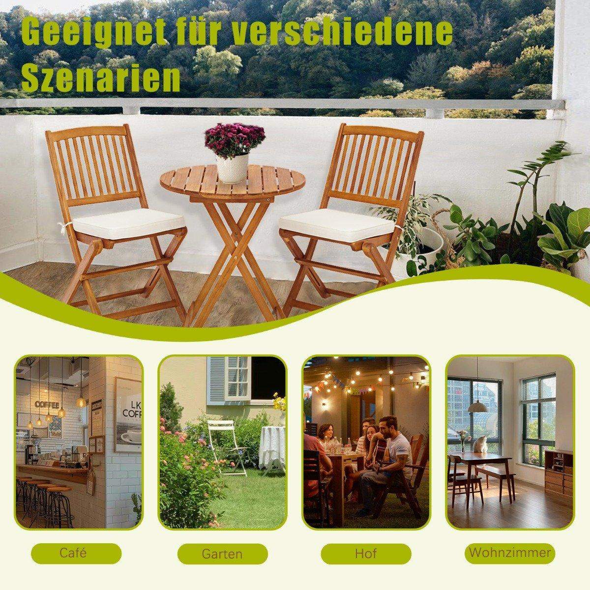 Havemøbelsæt 3-delt altanmøbelsæt med 2 stole og rundt sofabord af akacietræ, foldbart bistrosæt til terrasse, beige