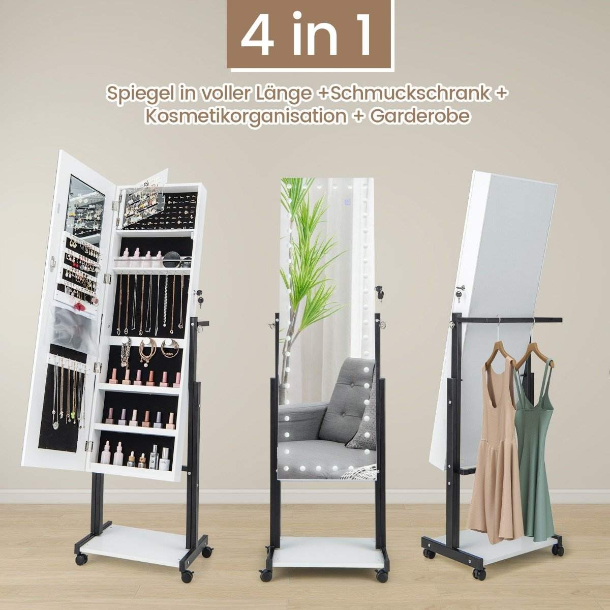 Smykkeskab med hjul 4 i 1 spejlskab med 3-farve LED lys & justerbar højde hvid