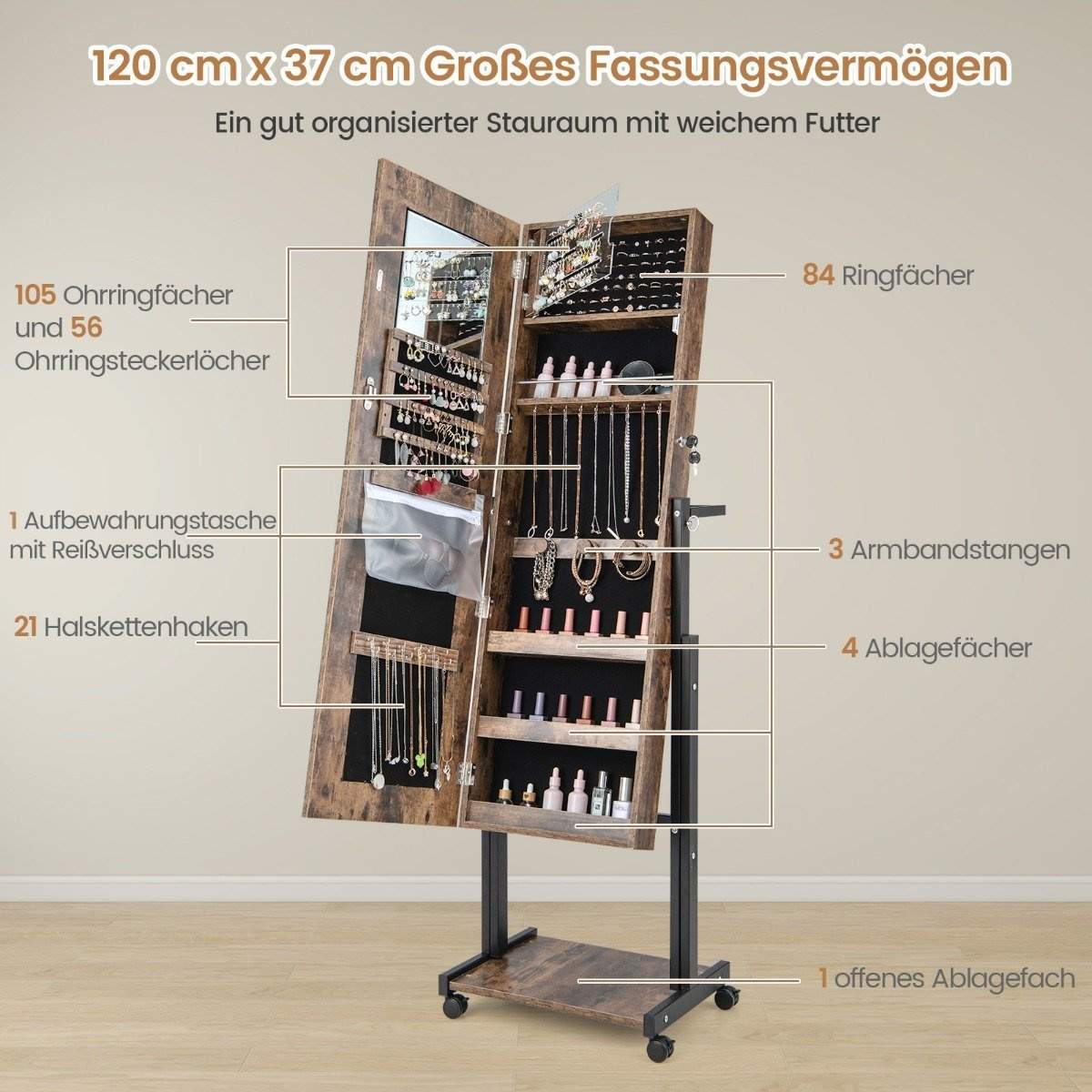 Smykkeskab med hjul 4 i 1 spejlskab med 3-farve LED-lys & justerbar højde brun