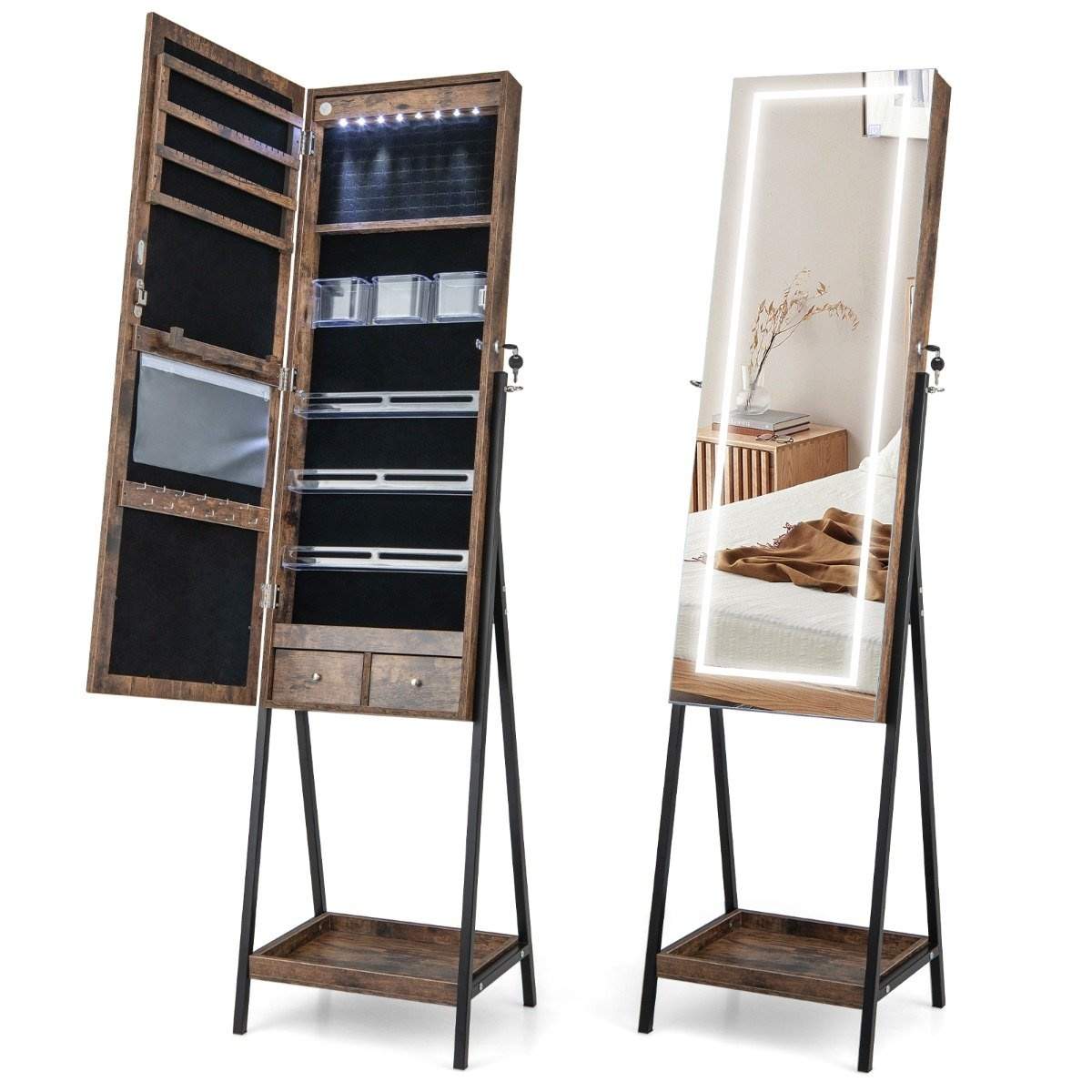 Smykkeskab med hylde & fuldlængde spejl & 3 farvede LED-lys & 2 skuffer brun
