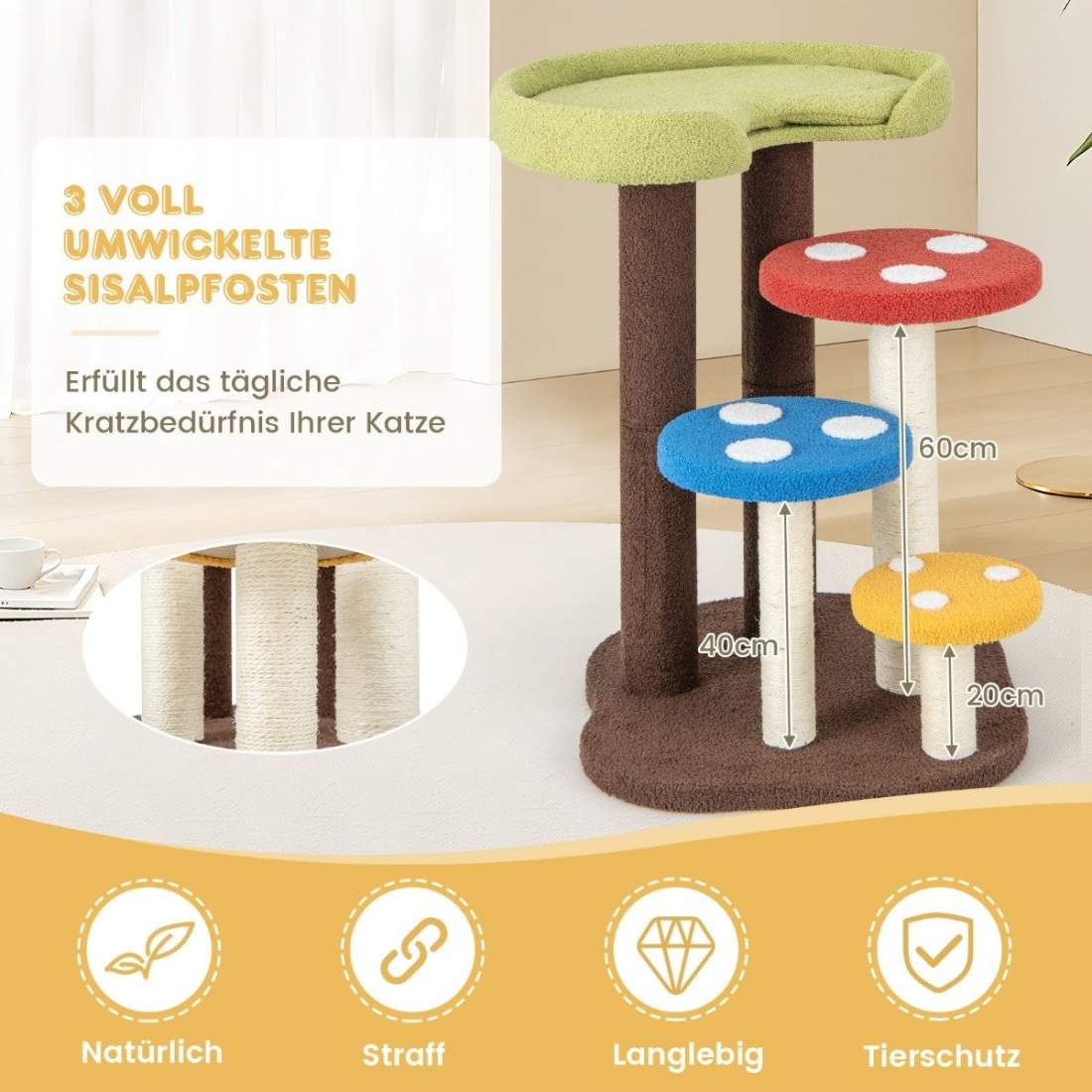 Skrapstolpe i svamplook, 5-vånings kattträd med 3 sisalstolpar, litet klätterträd av teddytyg, 60 x 65 x 94 cm, färgglatt | Hem & Hobby - Husdjur - Katt - Katträd | Pryloteket