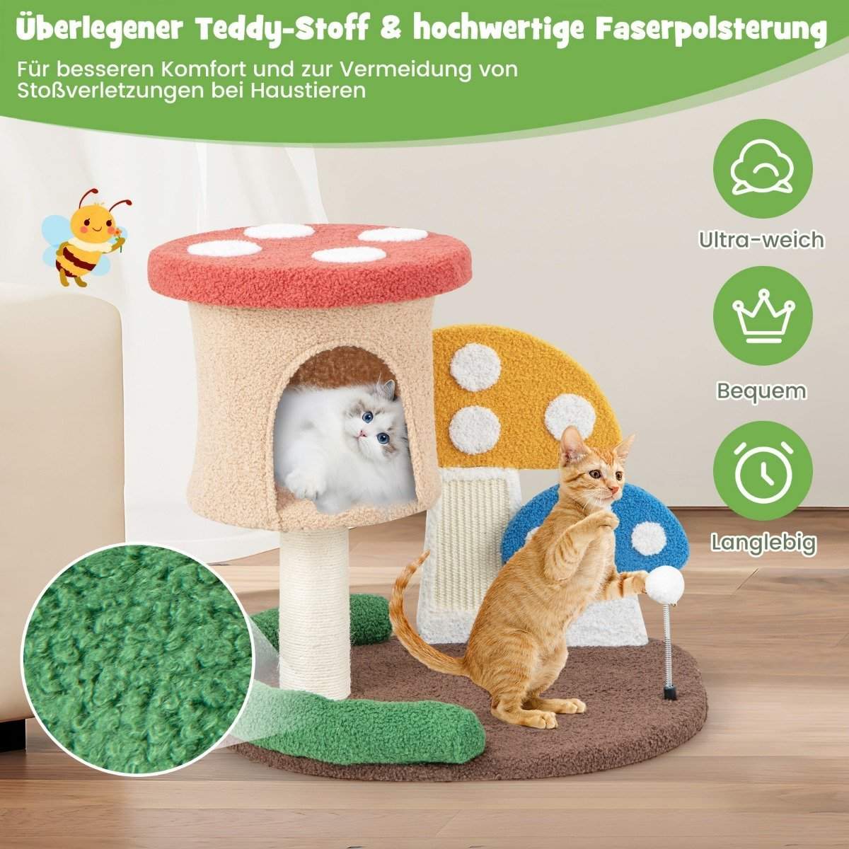 Kradsestolpe i kattetræ med svampelook med kattehule & sisal kradsebræt & stor base & legebold 60 x 49 x 59 cm