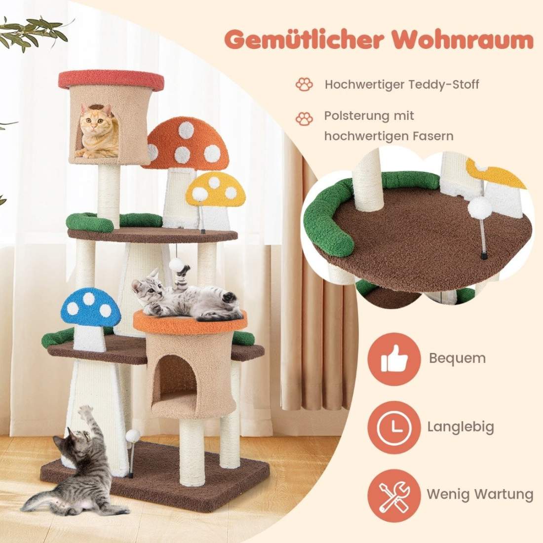 Skrapstolpe i kattträd i svamplook med 2 kattgrottor & sisalskrapbräda & plattformar & lekboll 69 x 49 x 146 cm | Hem & Hobby - Husdjur - Katt - Katträd | Pryloteket