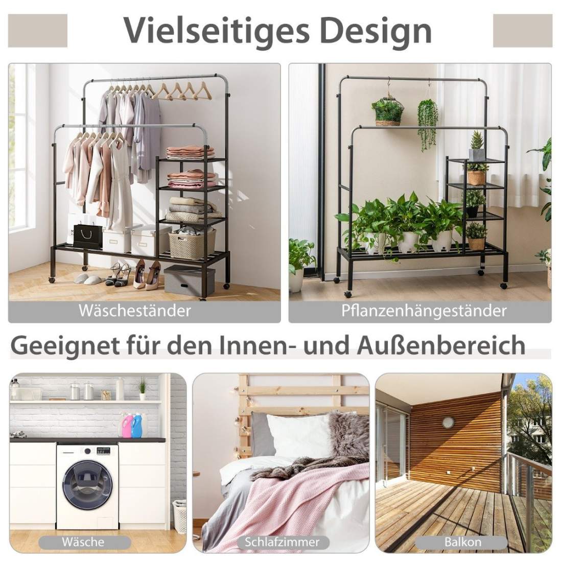 Klädställ med 2 klädstänger, klädhängare på hjul, klädstativ, höjdjusterbar 135 x 54 x 170cm silver | Hem & Hobby - Hem & Hushåll - Balkong | Pryloteket