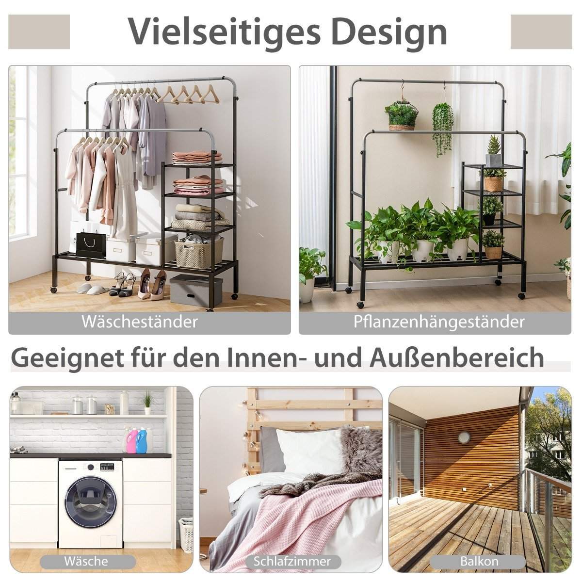 Tøjstativ med 2 bøjler, tøjstativ på hjul, knageholder, højdejusterbar 135 x 54 x 170cm sølv