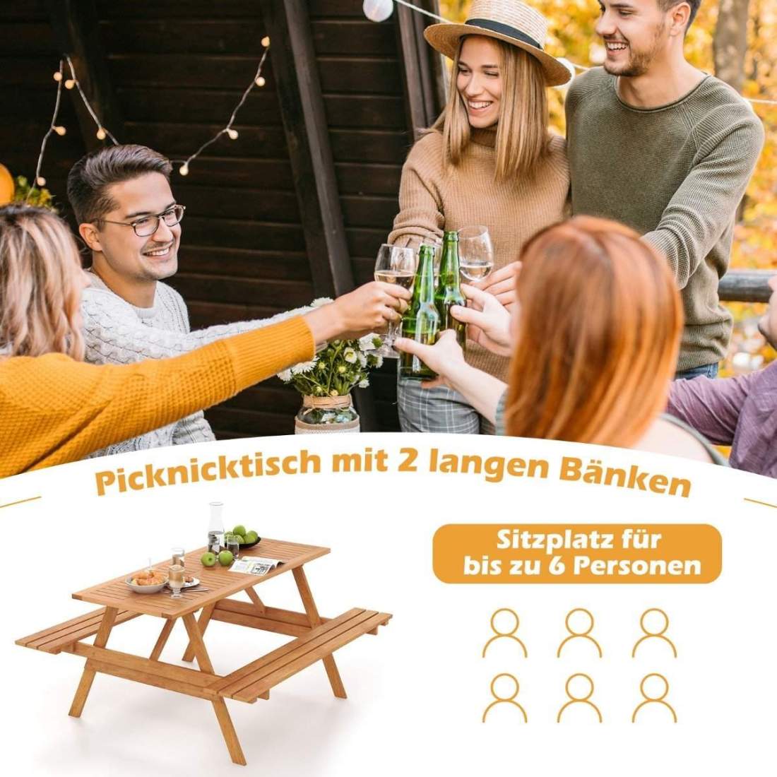 Picknickbord för 6 personer, rektangulärt trädgårdsbord med 2 integrerade bänkar och paraplyhål 150 x 139 x 75 cm natur | Hem & Hobby - Hem & Hushåll - Trädgårdsartiklar - Parasoll | Pryloteket