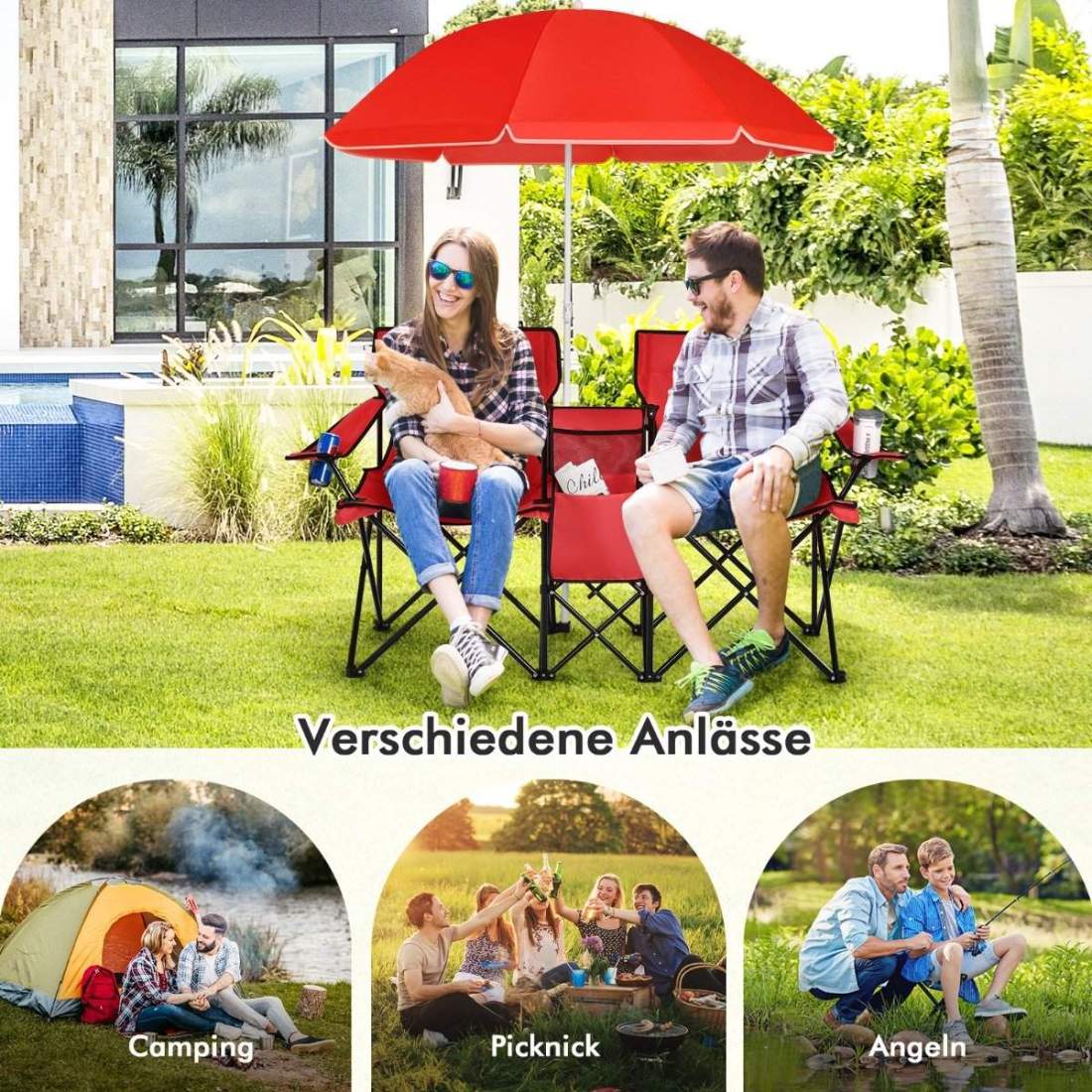 2-sits campingstol med parasoll fällbar fiskestol med bärväska röd | Mode & Accessoarer - Accessoarer - Paraply | Pryloteket