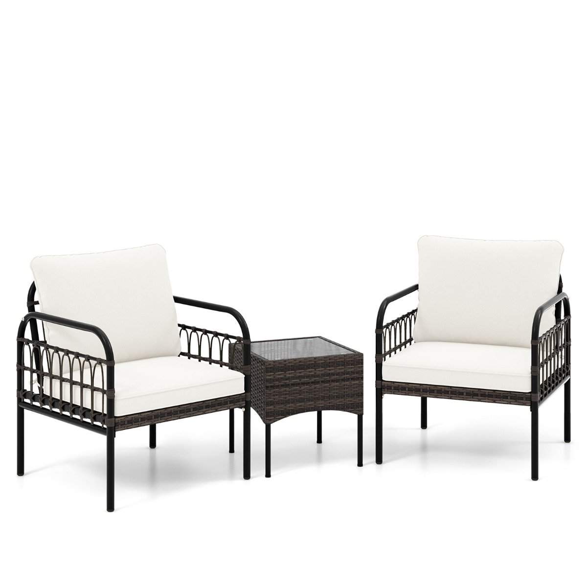 3 stk Rattan lænestol sæt med glas sidebord & hynder samtale sæt havemøbel sæt terrassestole