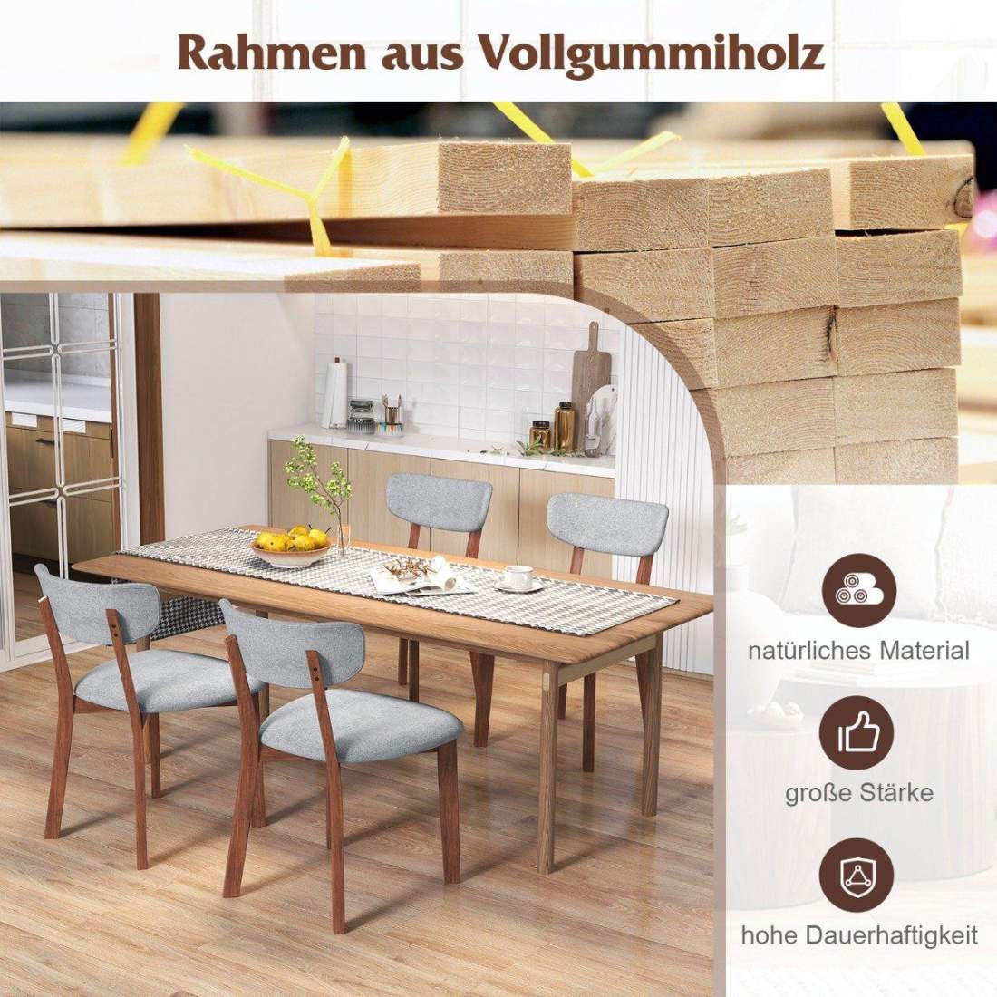 Set med 2 matstolar, vadderade köksstolar med ryggstöd, ram av gummiträ och sittdynor, 51 x 47 x 82 cm, grå