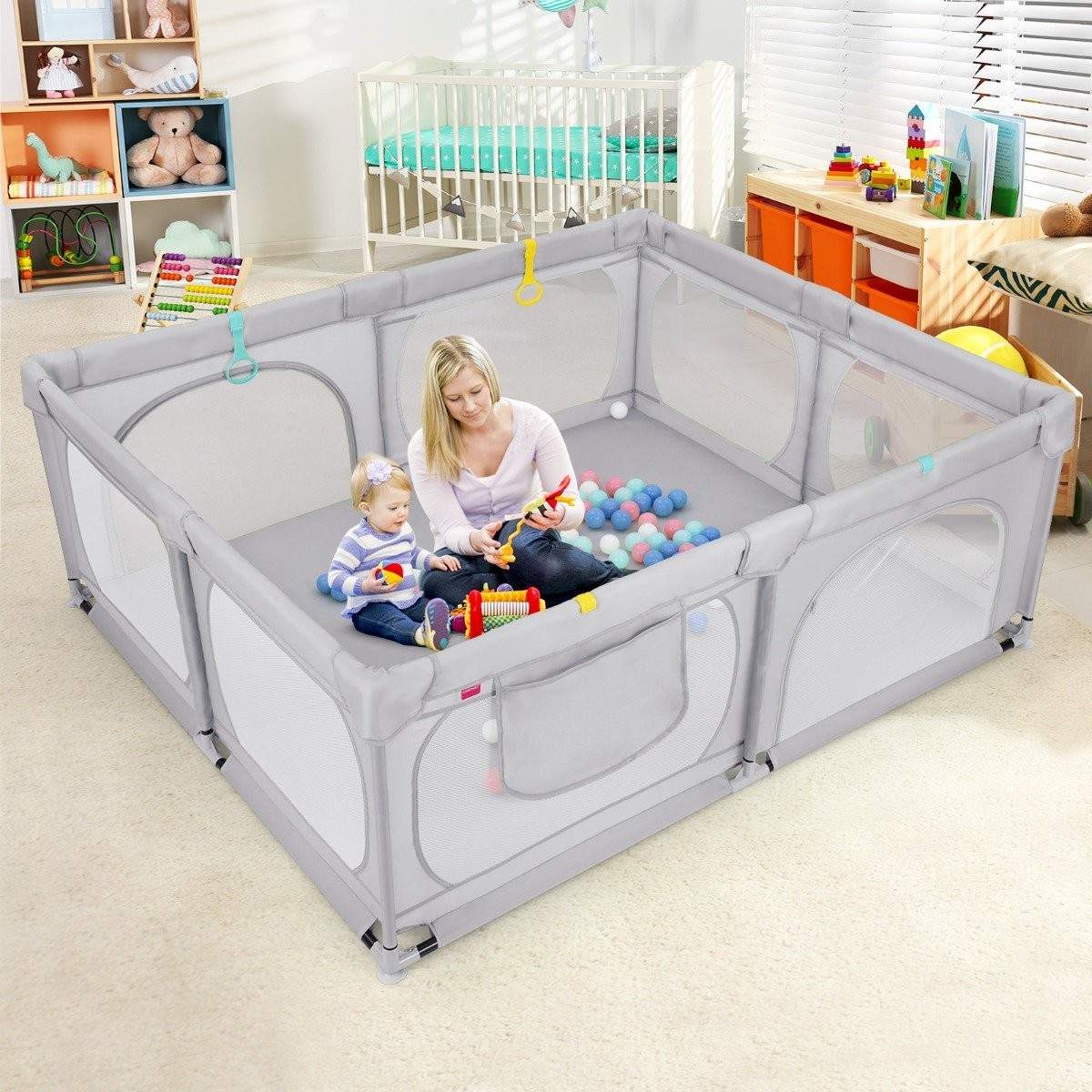 Babylekhage med 4 dragringar & 50 havskulor & andningsbar nät- och bärväska ljusgrå | Sport & Fritid - Träning | Pryloteket