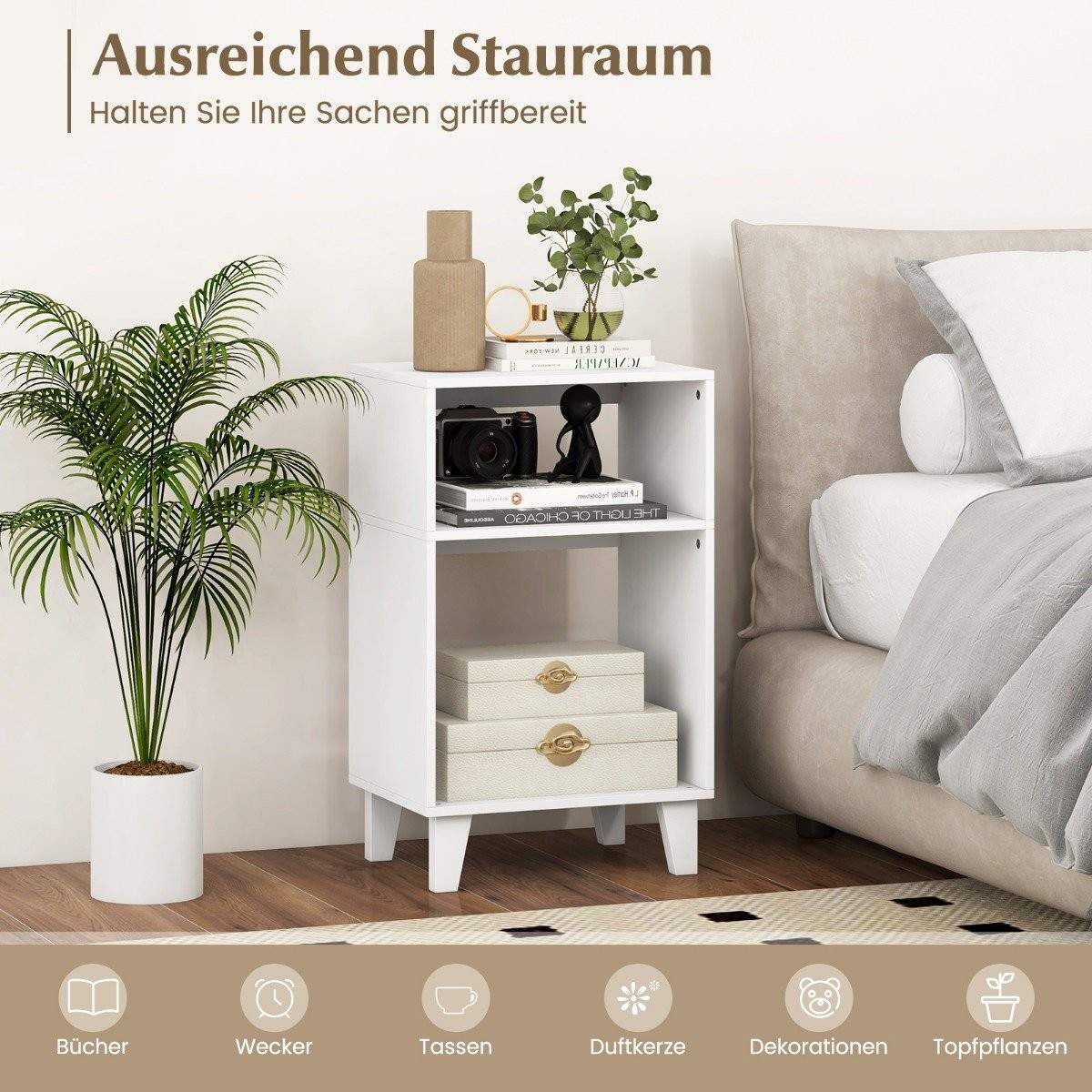 3 etagers sidebord natbord med hylder og ben 39,5 x 29,5 x 65 cm hvid