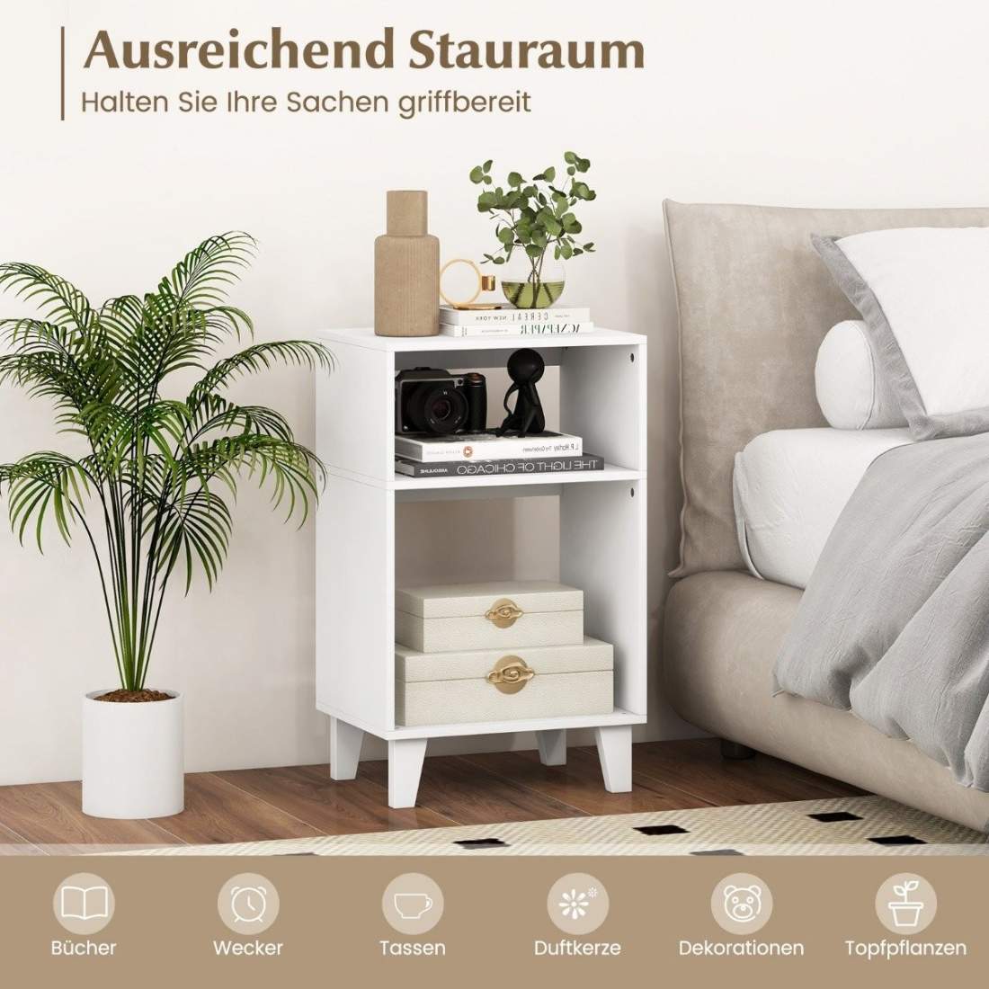 3-vånings sidobord sängbord med hyllor och ben 39,5 x 29,5 x 65 cm vit